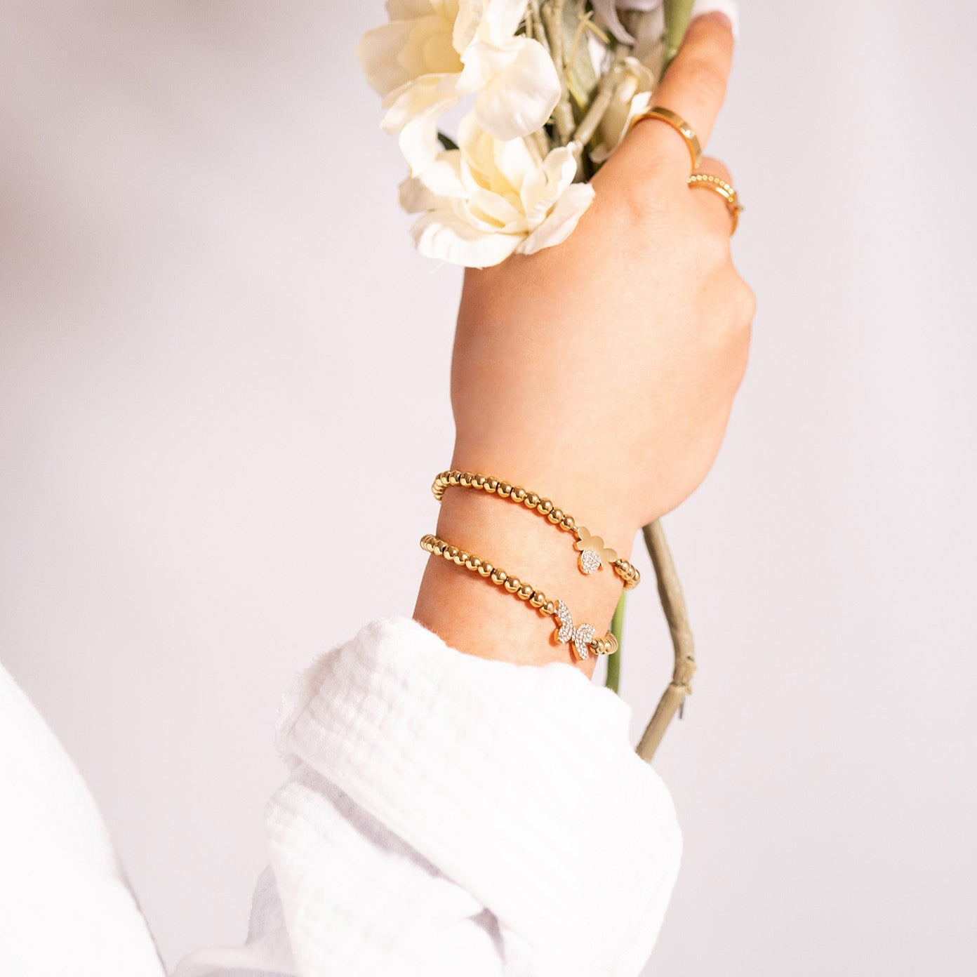 18K Gold PVD Stainless Steel Stone Bee Metal Beaded Stretch Bracelet / BRJ1022、mySite、dreamappss