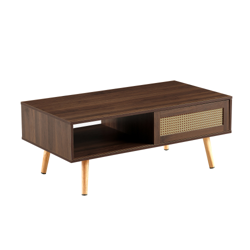 41.34" Rattan Coffee table, sliding door for storage, solid wood legs, Modern table for living room , natural、、casual