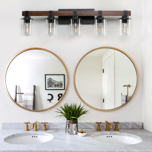 50" Rustic 7-Light Vanity Light, Industrial Bathroom Wall Sconce with Glass Shades and Wood Accent, Modern Farmhouse Lighting Fixture (No Bulbs)、、eastwooduniform