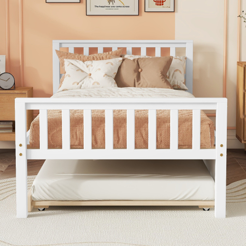 Twin Bed with Trundle, Platform Bed Frame with Headboard and Footboard, for Bedroom Small Living Space,No Box Spring Needed,White(New SKU:W504P148532)、、casual