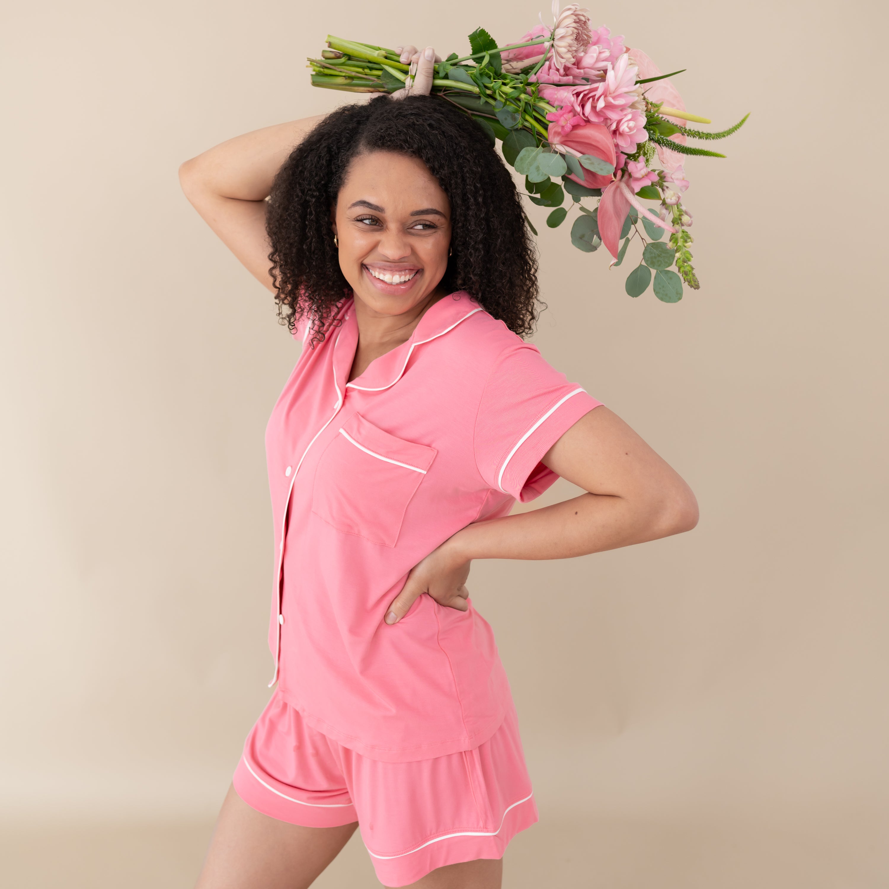  Women’s Short Sleeve Pajama Set in Guava with Cloud Trim、mySite、layawaytickets