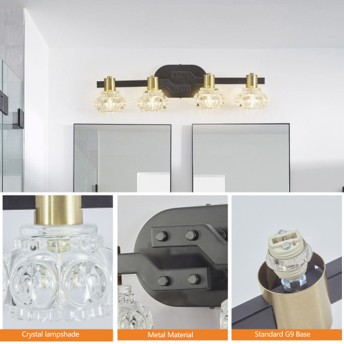 24" Vintage 4-Light Wall Sconce with Clear Crystal Shades, Black Iron Finish Vanity Light Fixture for Bathroom or Hallway (No Bulbs)、、eastwooduniform