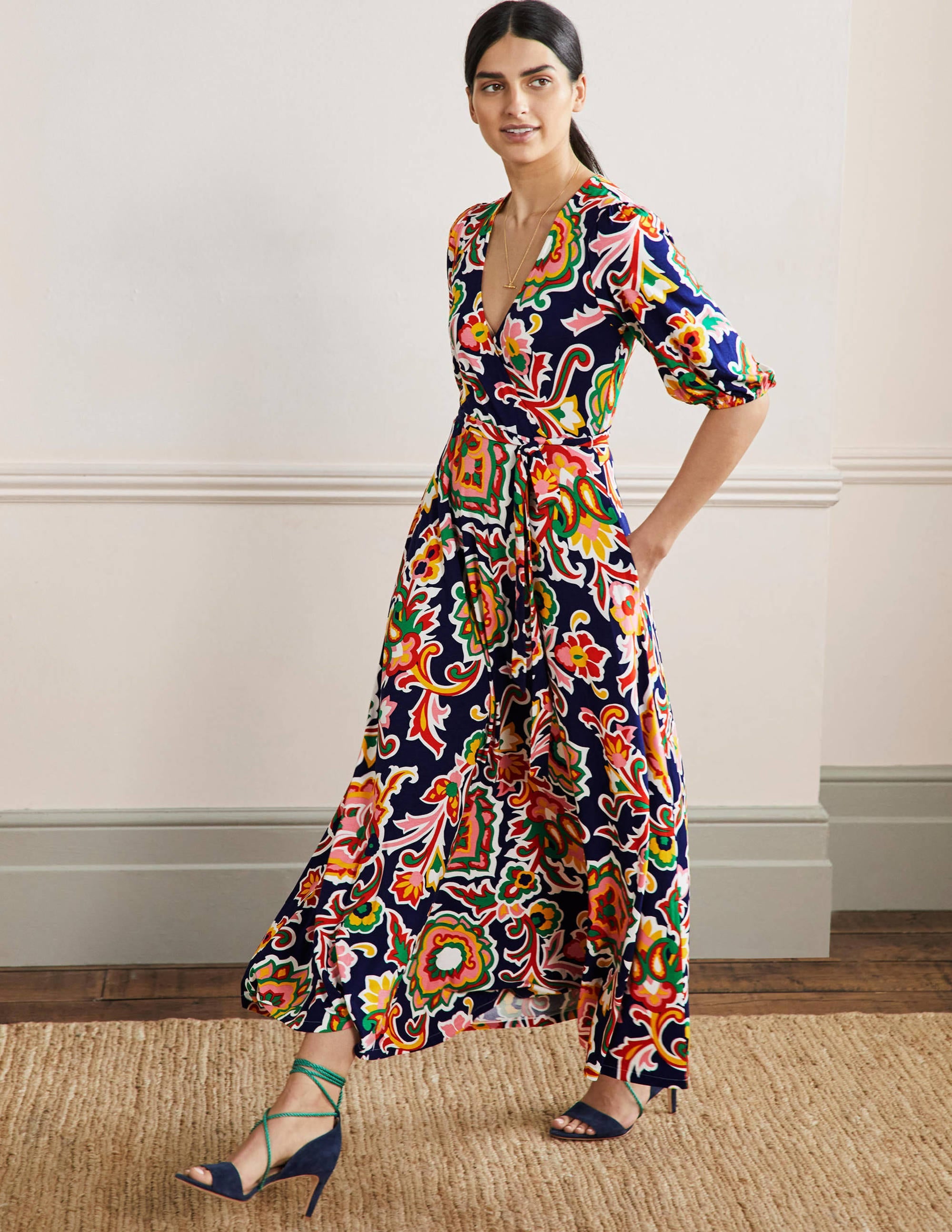  Fixed Wrap Jersey Maxi Dress-Midnight Ocean, Blooms、mySite、ashleygrahame