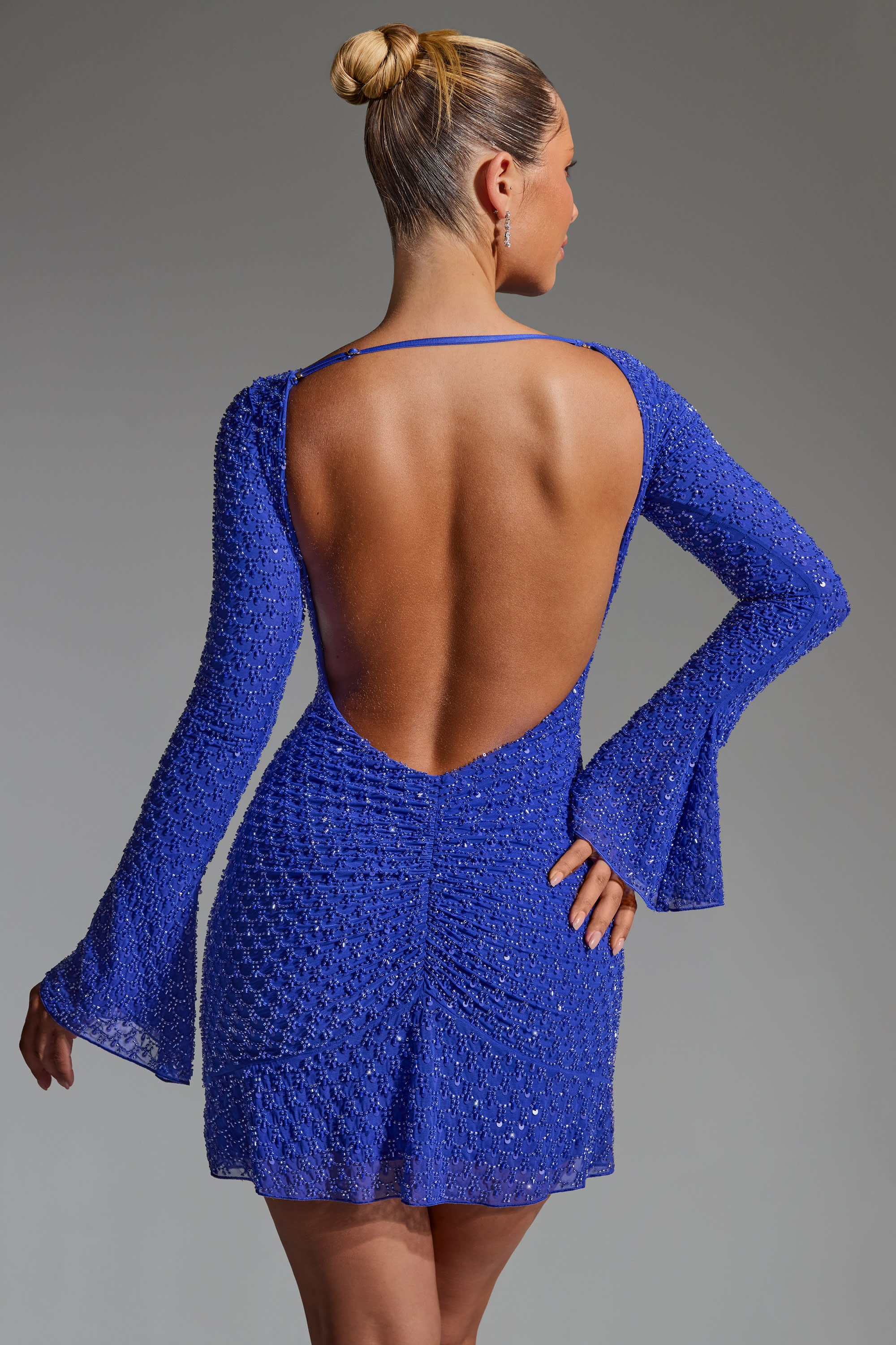 Embellished Open-Back A-Line Mini Dress in Cobalt Blue、mySite、solidvoid