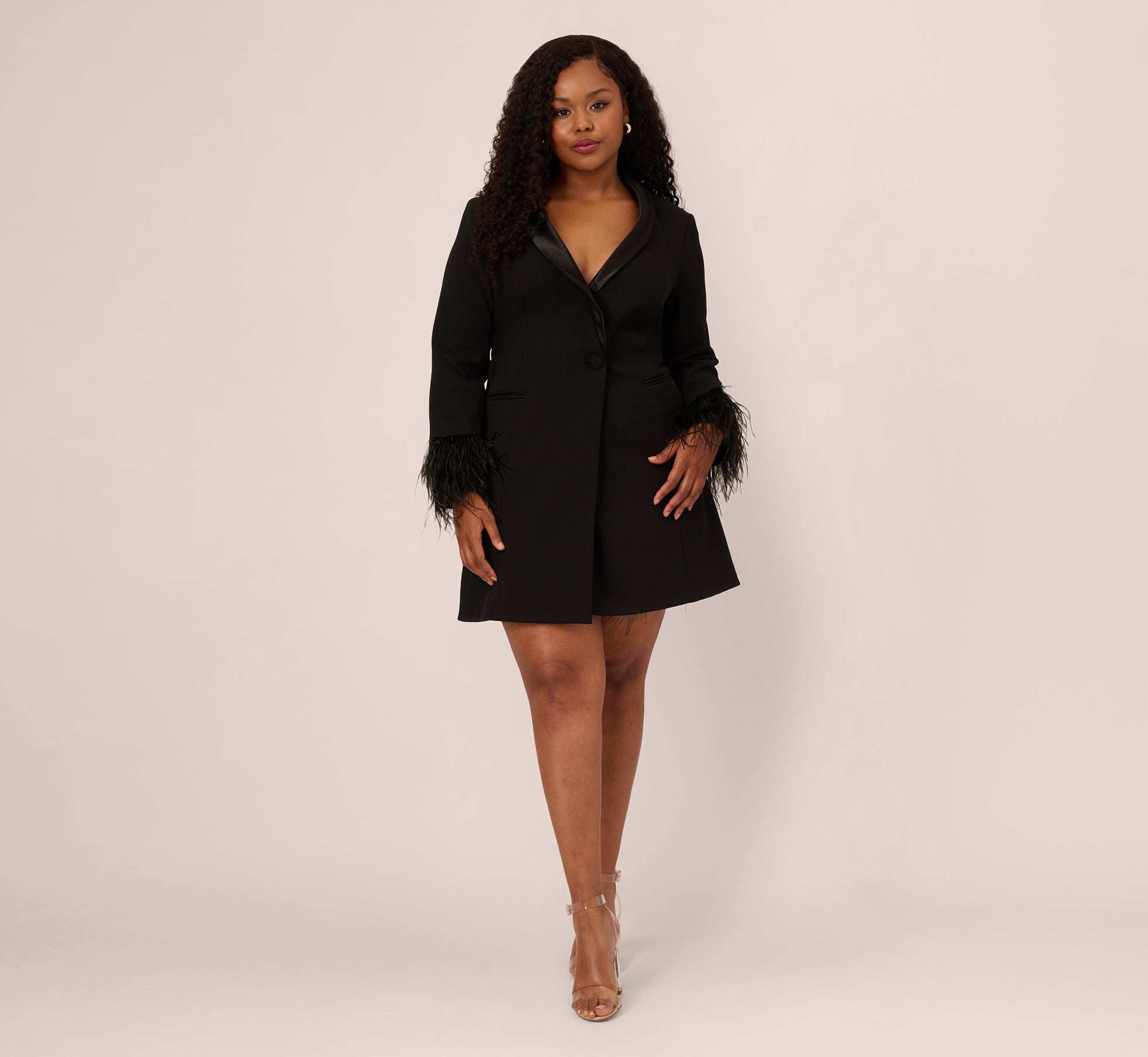 Plus Size Knit Crepe Long Sleeve Blazer Dress With Feather Trim In Black、mySite、solidvoid