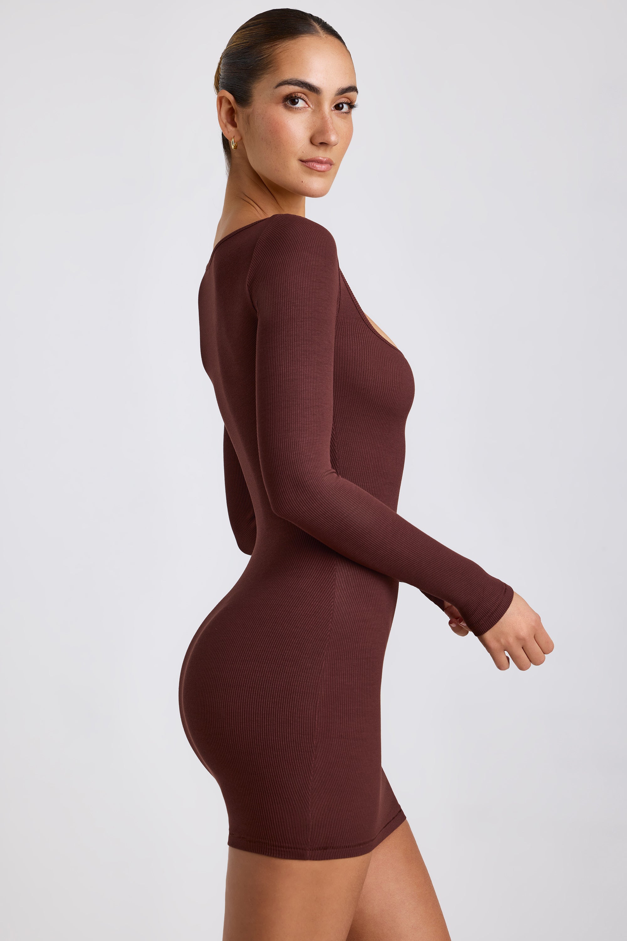 Ribbed Modal Long Sleeve Mini Dress in Chocolate、mySite、solidvoid