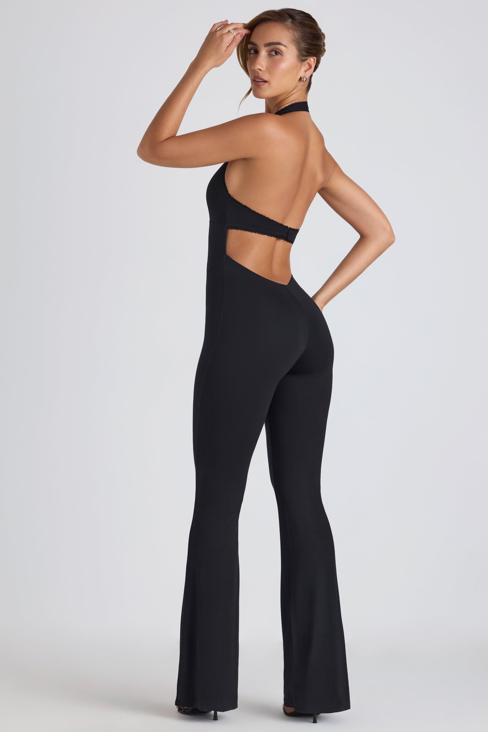Modal Lace-Trim Cut-Out Flared Jumpsuit in Black、mySite、solidvoid