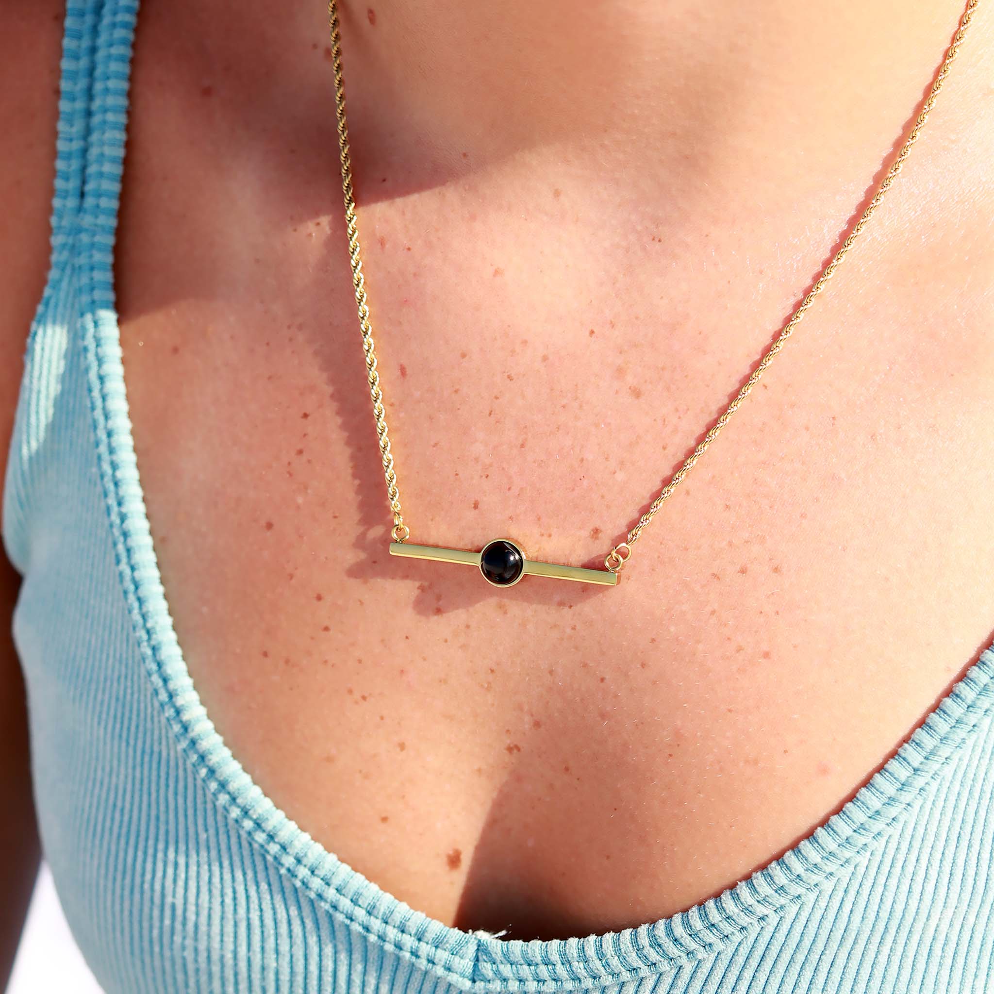 18K Gold PVD Stainless Steel Semi Precious Natural Stone Bar Necklace / CHN9965、mySite、dreamappss