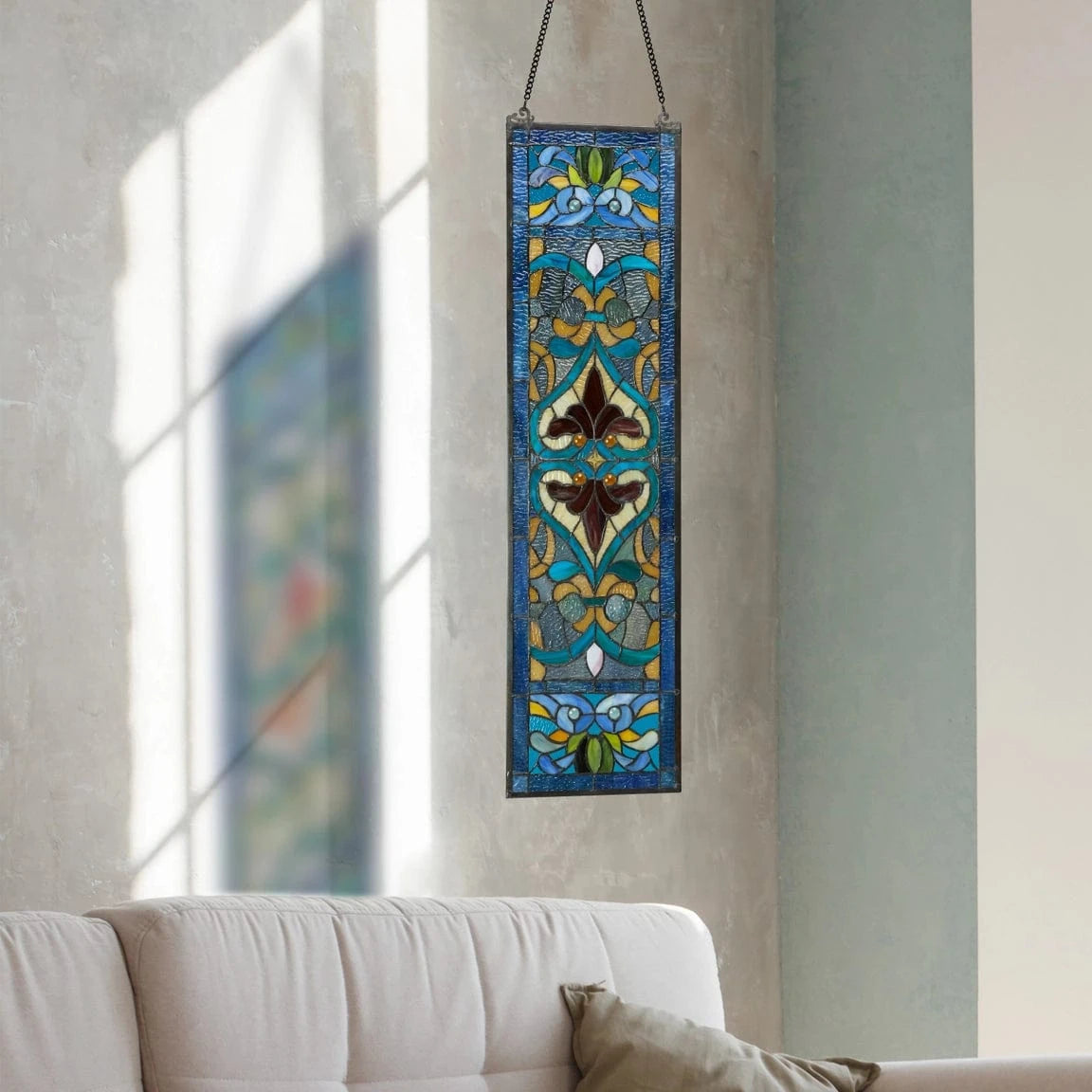 Lani Blue Victorian Stained Glass Window Panel 36H、mySite、g9winljtr