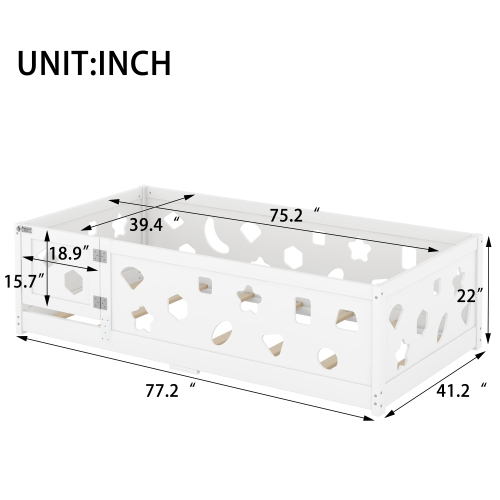 Twin Size Floor Bed with Heightened Safety Guardrails and Door, Solid Wood Bedframe with Rails for Girls, Boys, Teens, Child Bedroom, Kids Playroom, No Slats Included, White、、casual