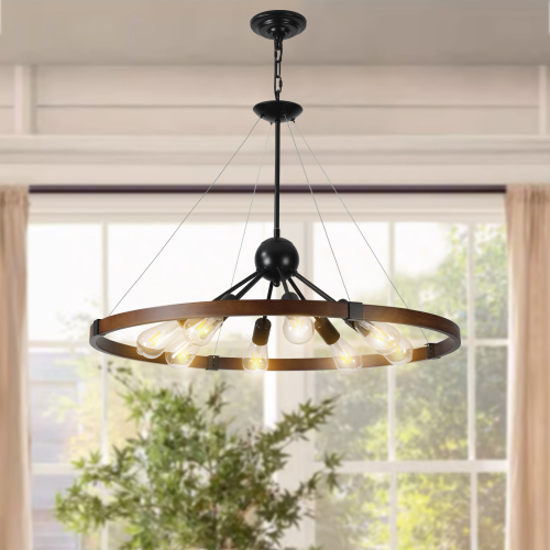 (New SKU:W1340P206642) 8-Light Retro Farmhouse Chandelier For Kitchen, Living room, Dining room Red and Walnut(No Bulbs)、、eastwooduniform