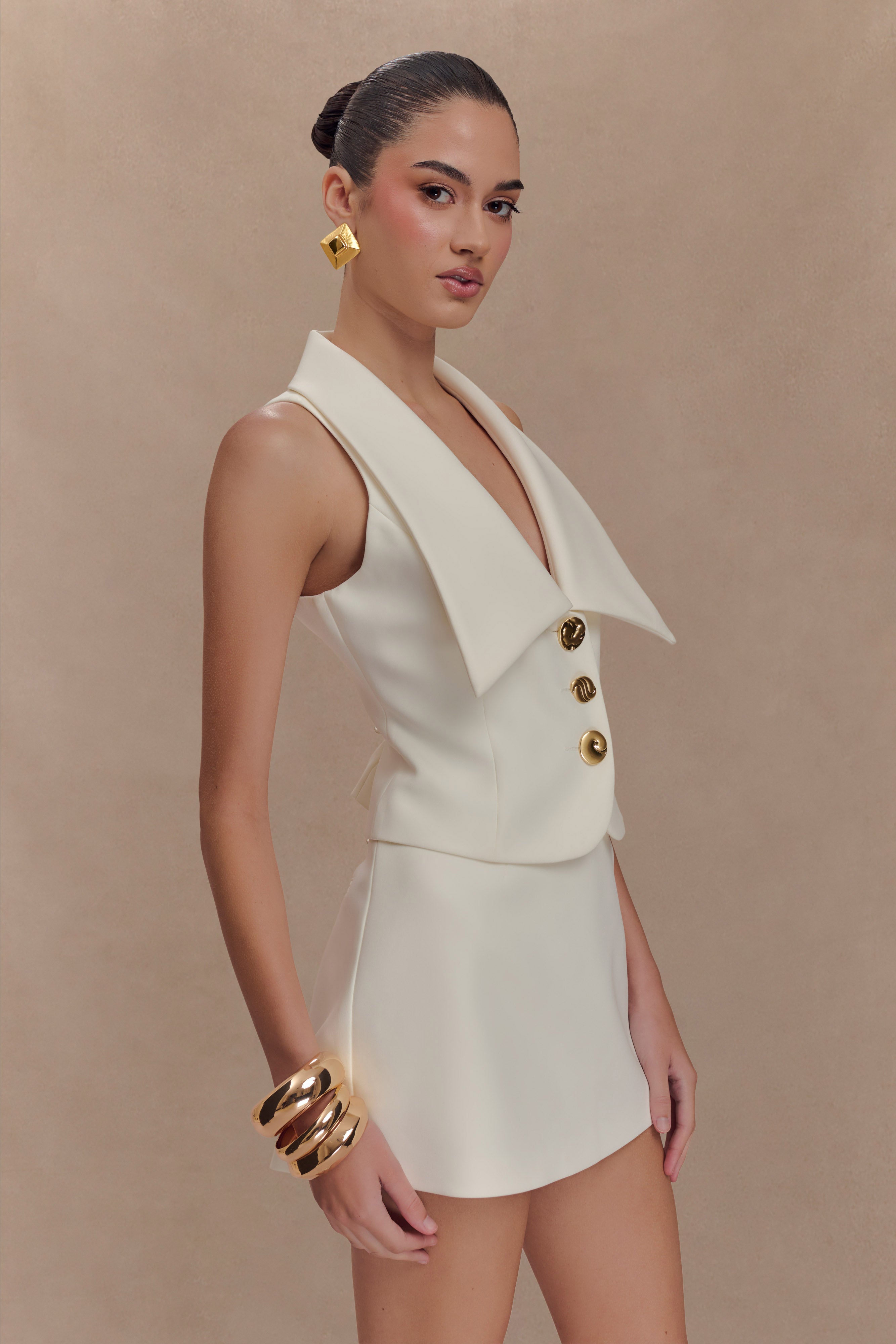 Alix Mixed Button Vest - Ivory、mySite、solidvoid