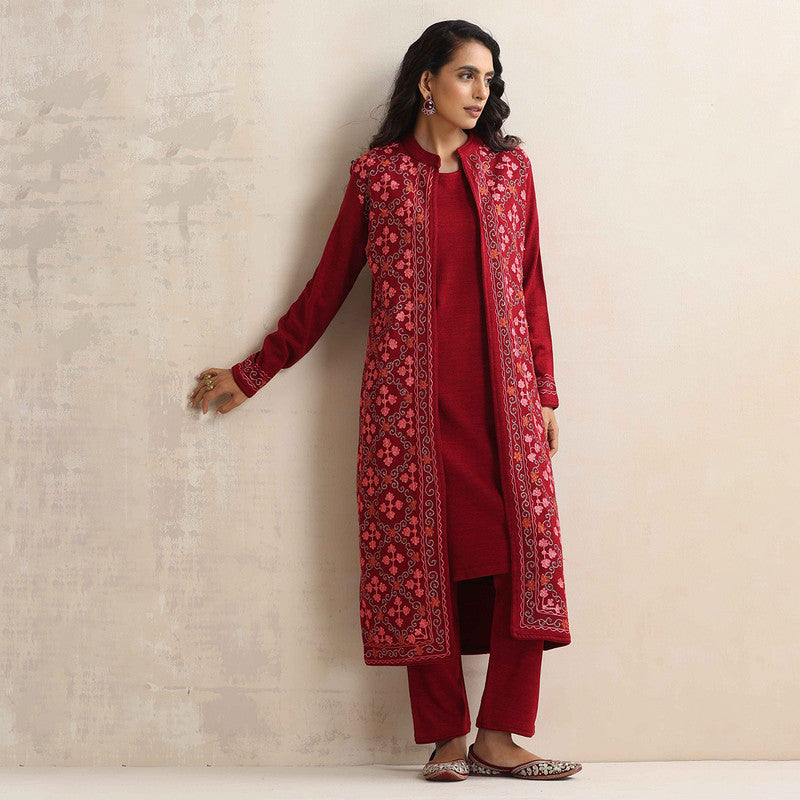 Woolen Kurta Set For Women | Kurta, Pyjama & Jacket | Embroidered | Maroon、mySite、camillekostekn