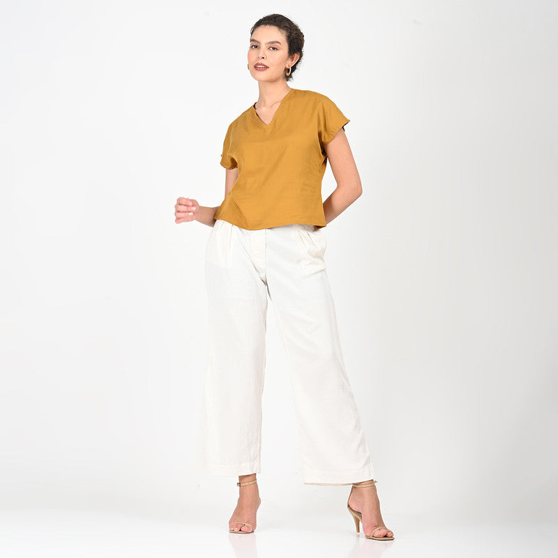 Modal Printed Co Ord Set For Women | Overlay, Top & Trouser | V Neck | Mustard & Cream、mySite、camillekostekn