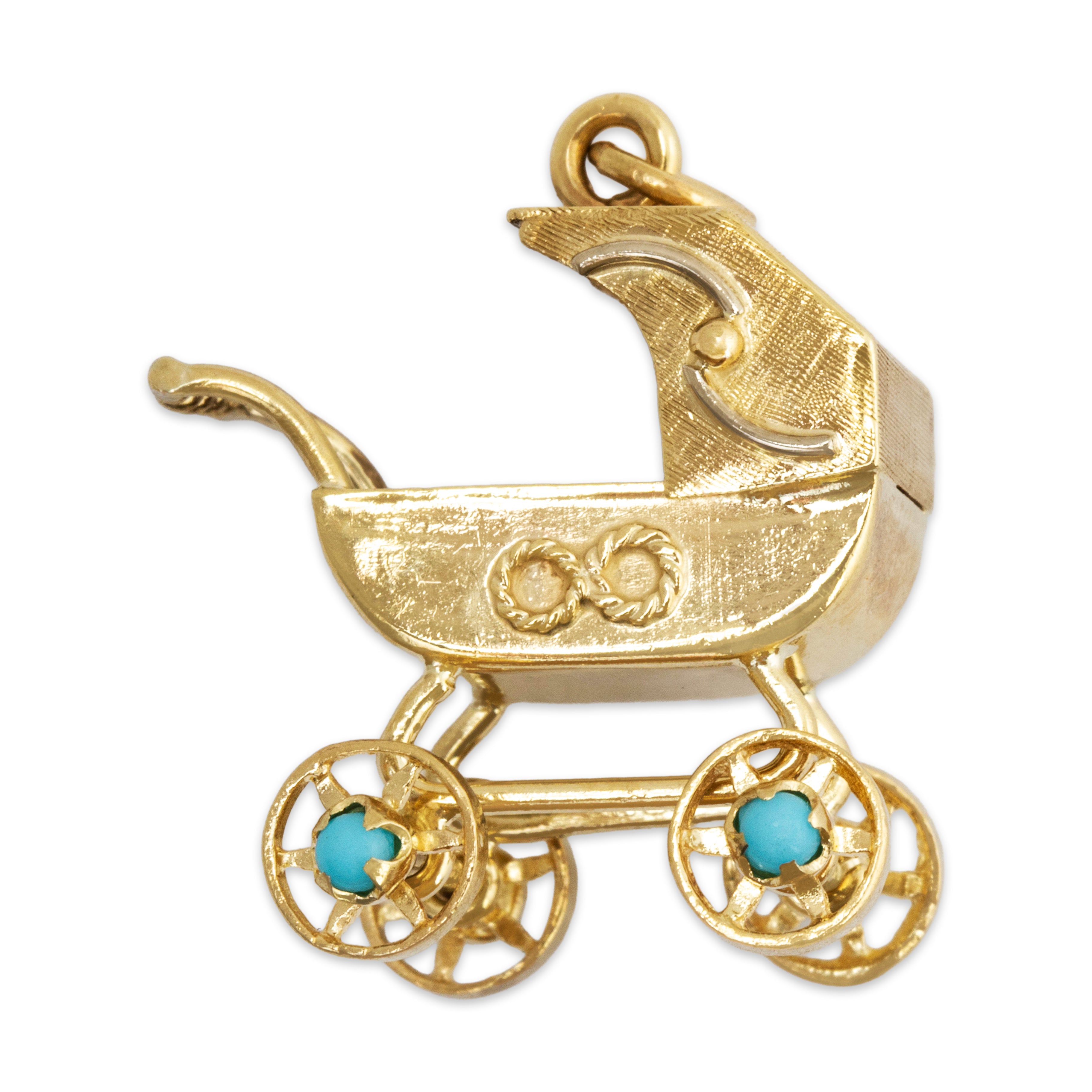 Vintage English 9k Yellow Gold Glass Cabochons Articulated Baby Carriage Charm、mySite、hinf8tx79