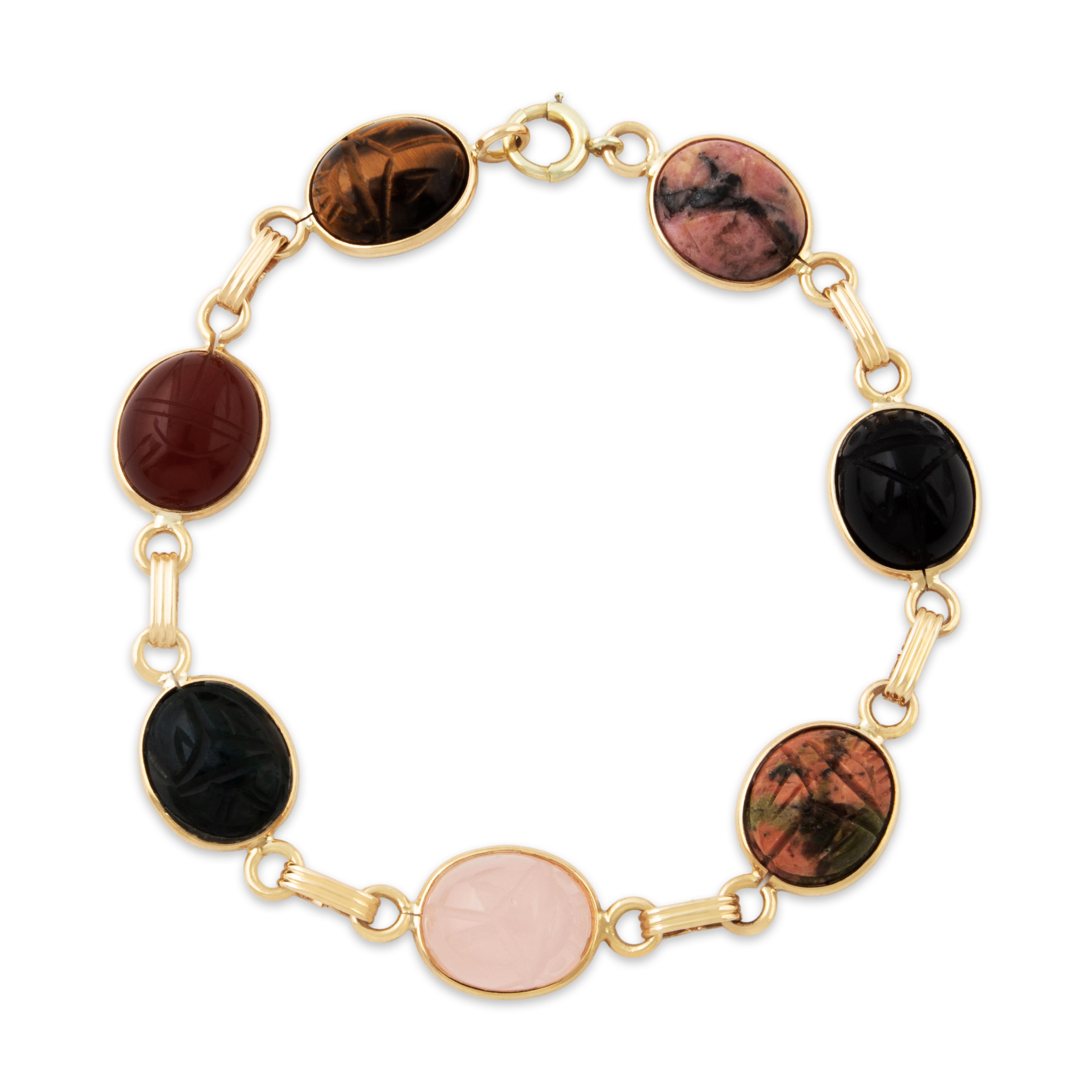 Vintage 14k Yellow Gold Multi-Stone Egyptian Revival Scarab Bracelet 6.75、mySite、hinf8tx79