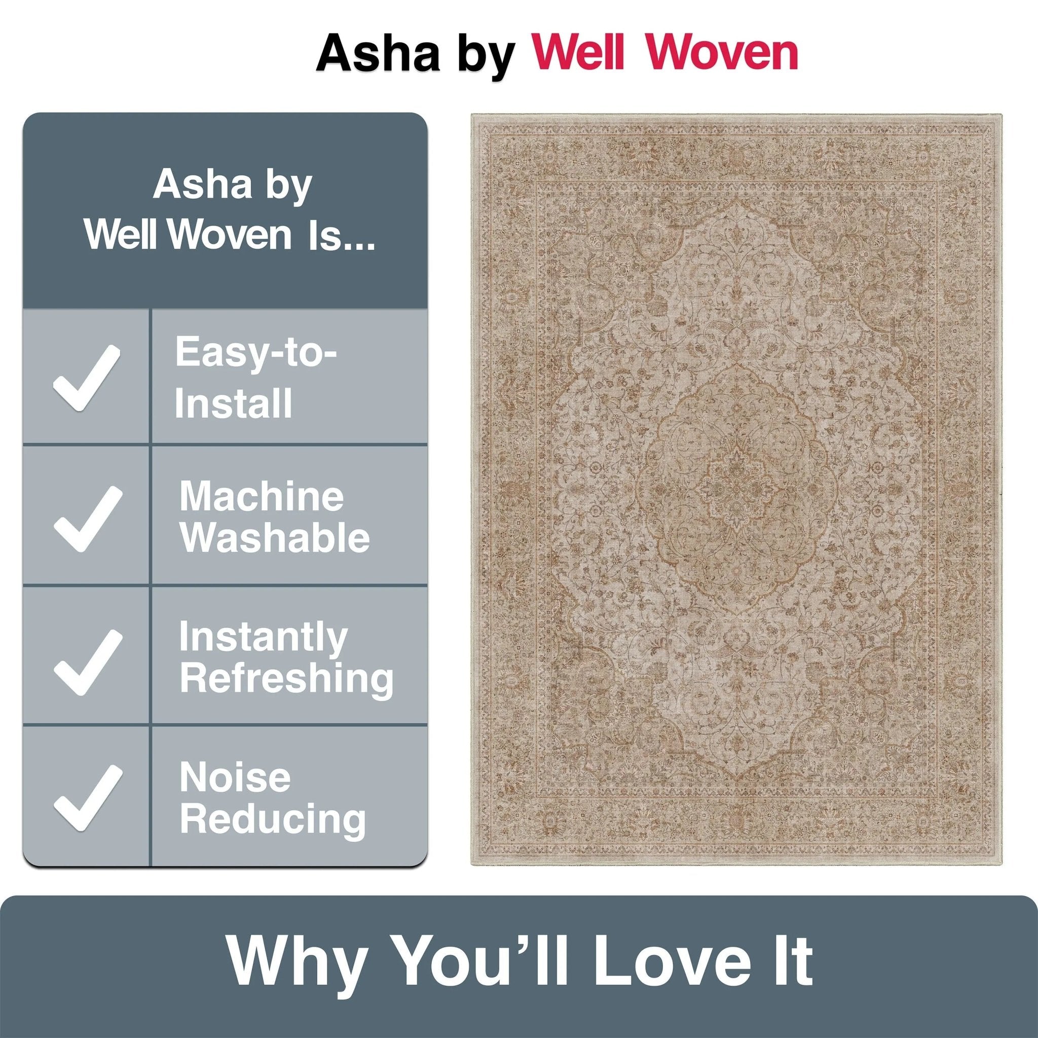 Asha 2-in-1 Odette Vintage Flat-Weave Rug + Rug Pad Included、mySite、gigharbornorthrealestate