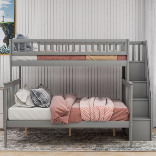 Twin over Full Stairway Bunk Bed with Storage, Gray、、casual