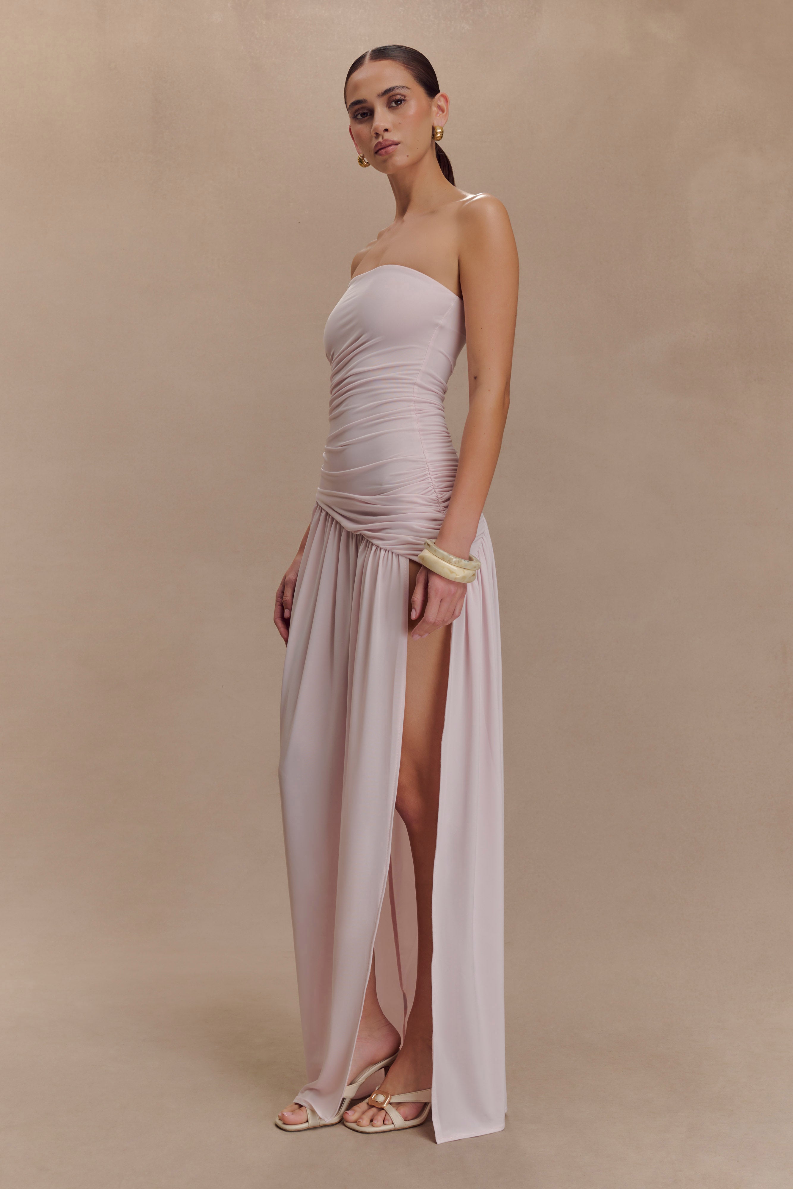 Bex Strapless Slinky Maxi Dress With Split - Pale Pink、mySite、solidvoid