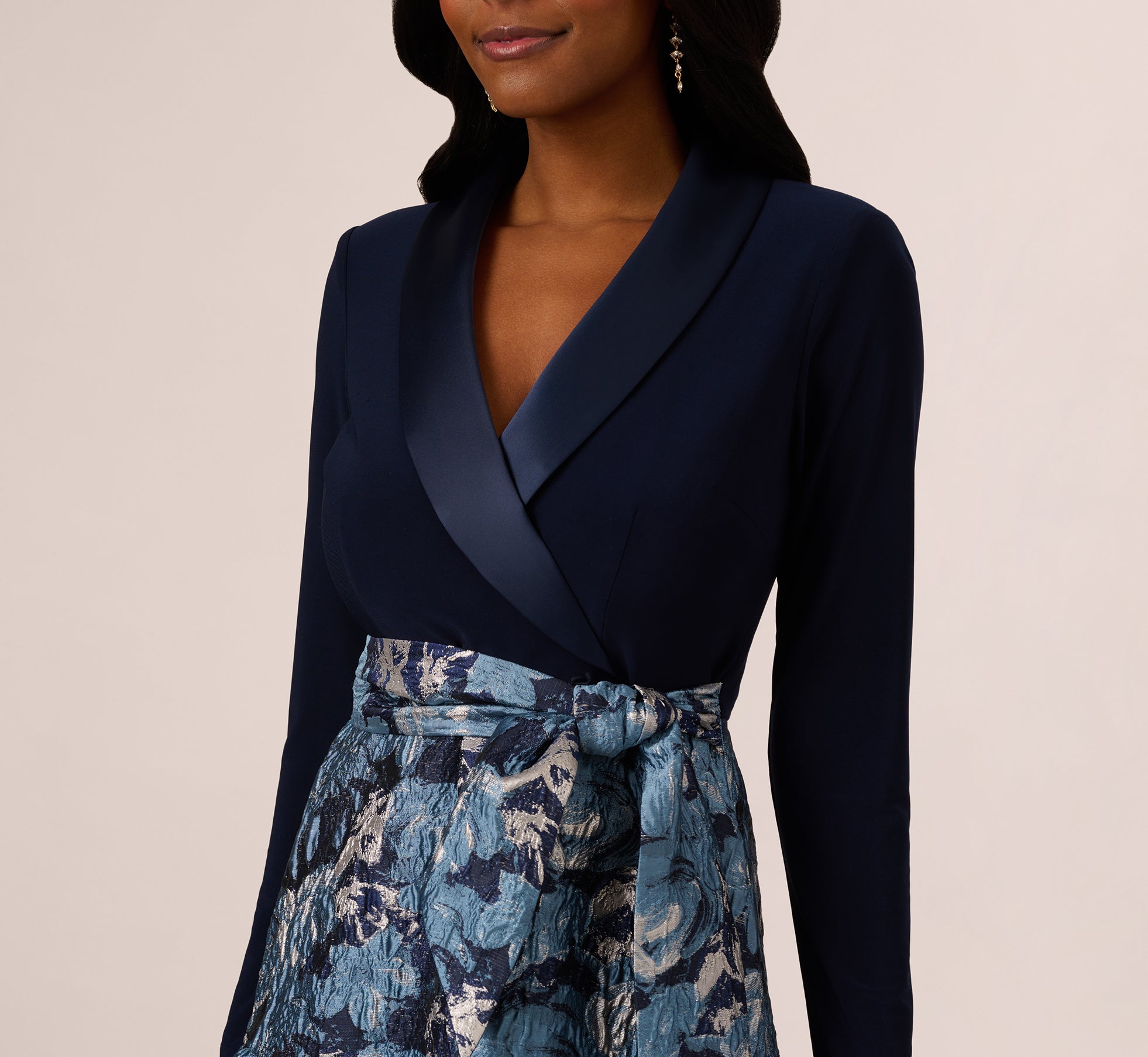 Long Sleeve Tuxedo Jacquard Combo Gown In Midnight Multi、mySite、solidvoid