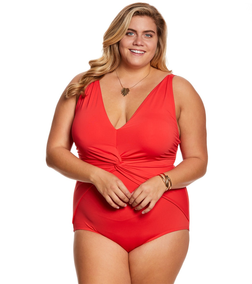 Michael Kors Swimwear Plus Size Solid Deep V Twist One Piece Swimsuit、mySite、noshort