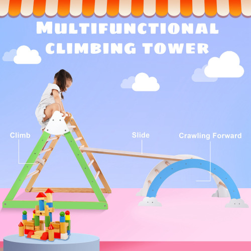 Wooden Climbing Triangle Toys - Indoor Arc Climber Jungle with Ramp and Arch Toy Rocker, Reversible Multifunction Playset Natural Wood Playground、、casual