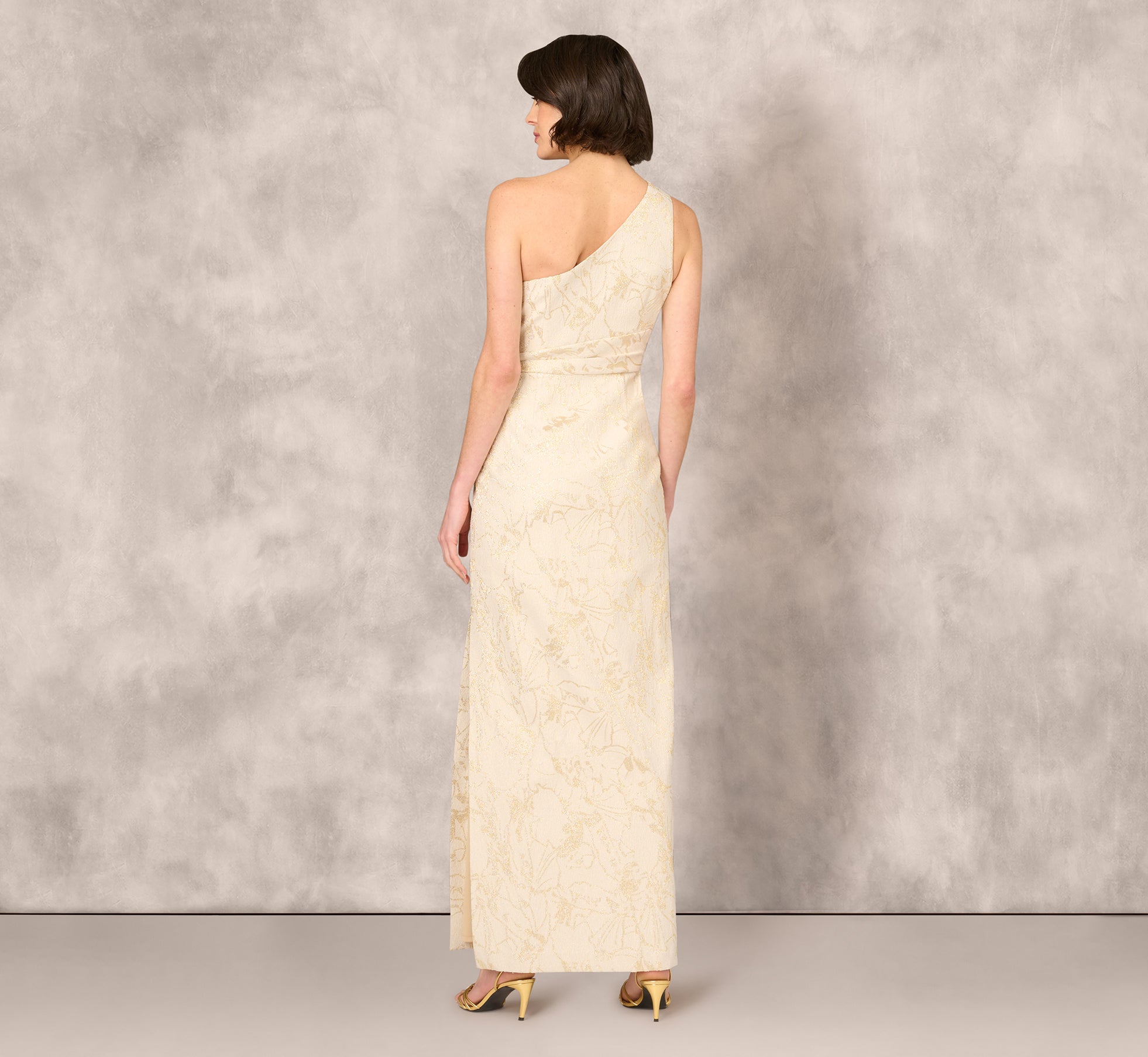 One Shoulder Metallic Stretch Jacquard Column Gown In Light Gold、mySite、solidvoid