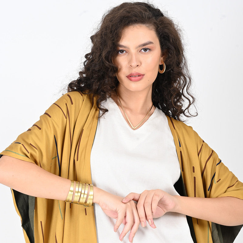 Modal Printed Co Ord Set For Women | Overlay & Dress | Mustard & Cream、mySite、camillekostekn