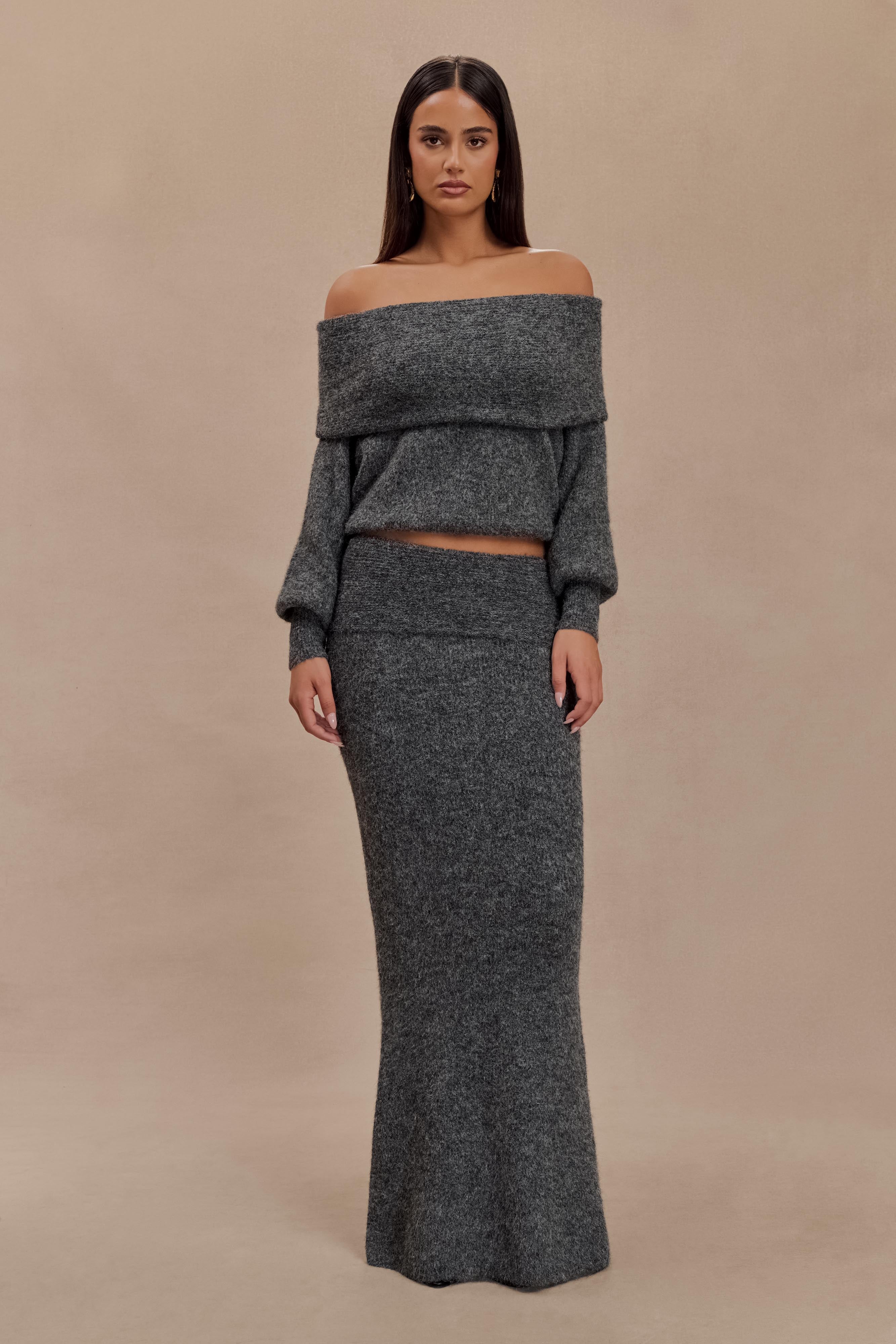 Charlotte Knit Maxi Skirt With Overlay - Charcoal、mySite、solidvoid