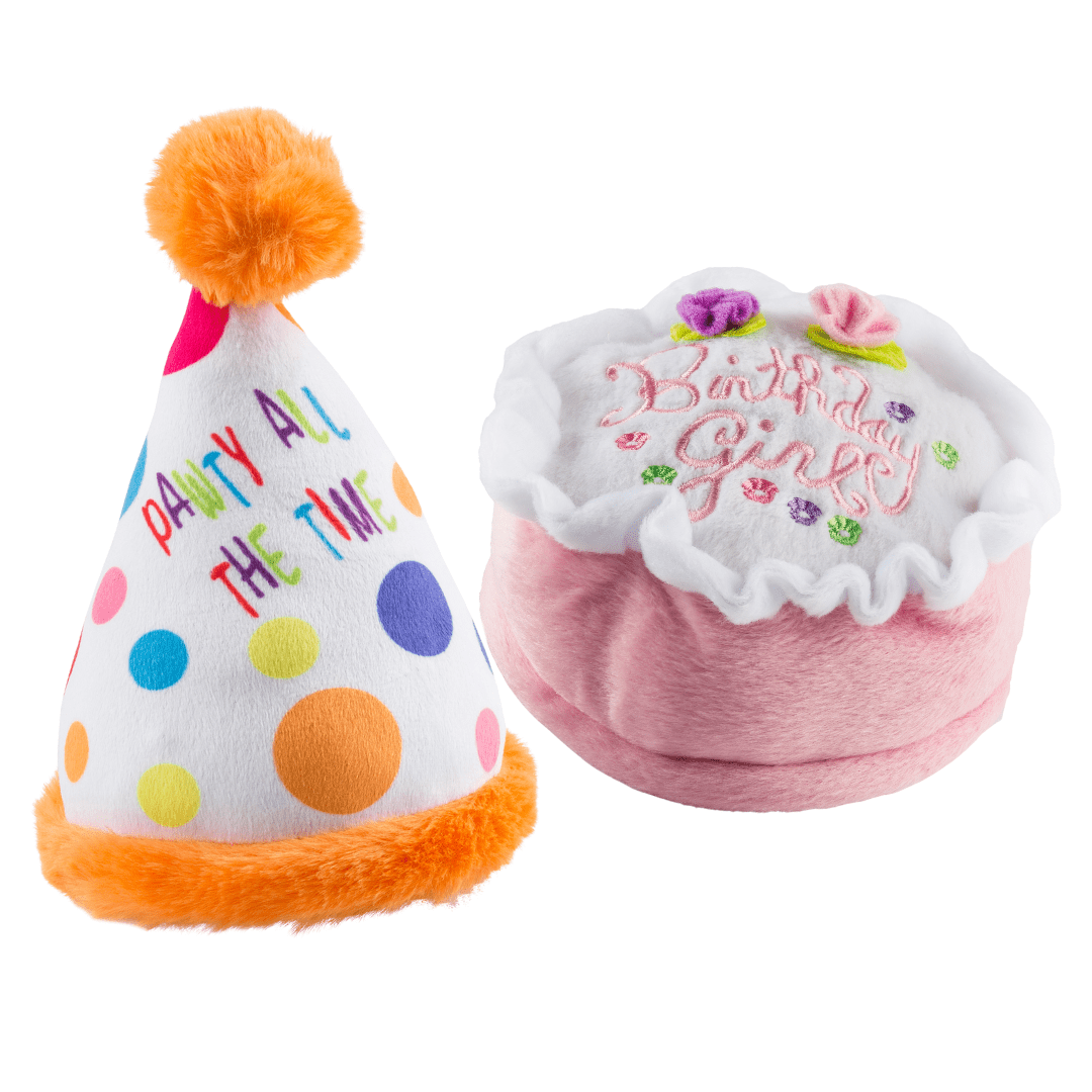 Doggy Birthday Girl or Boy Party Bundle Plush Toys Party Hat & Cake、mySite、g9winljtr