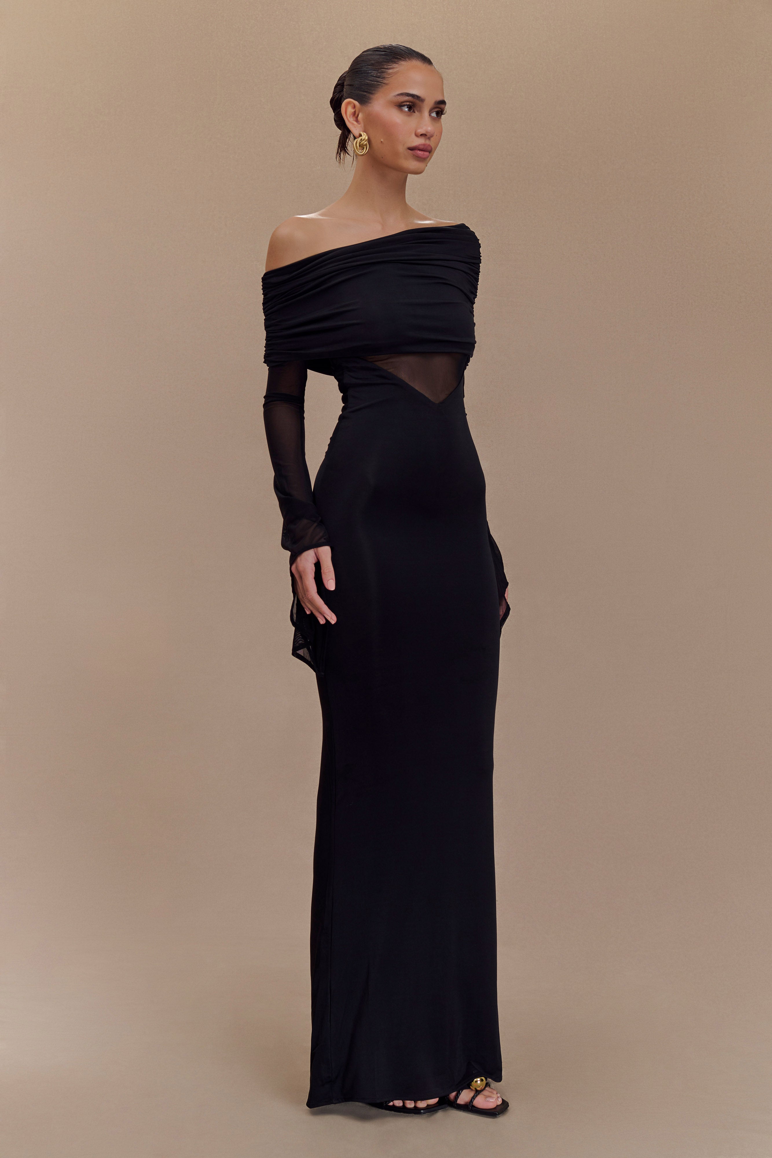 Kaitlin One Shoulder Slinky And Mesh Maxi Dress - Black、mySite、solidvoid
