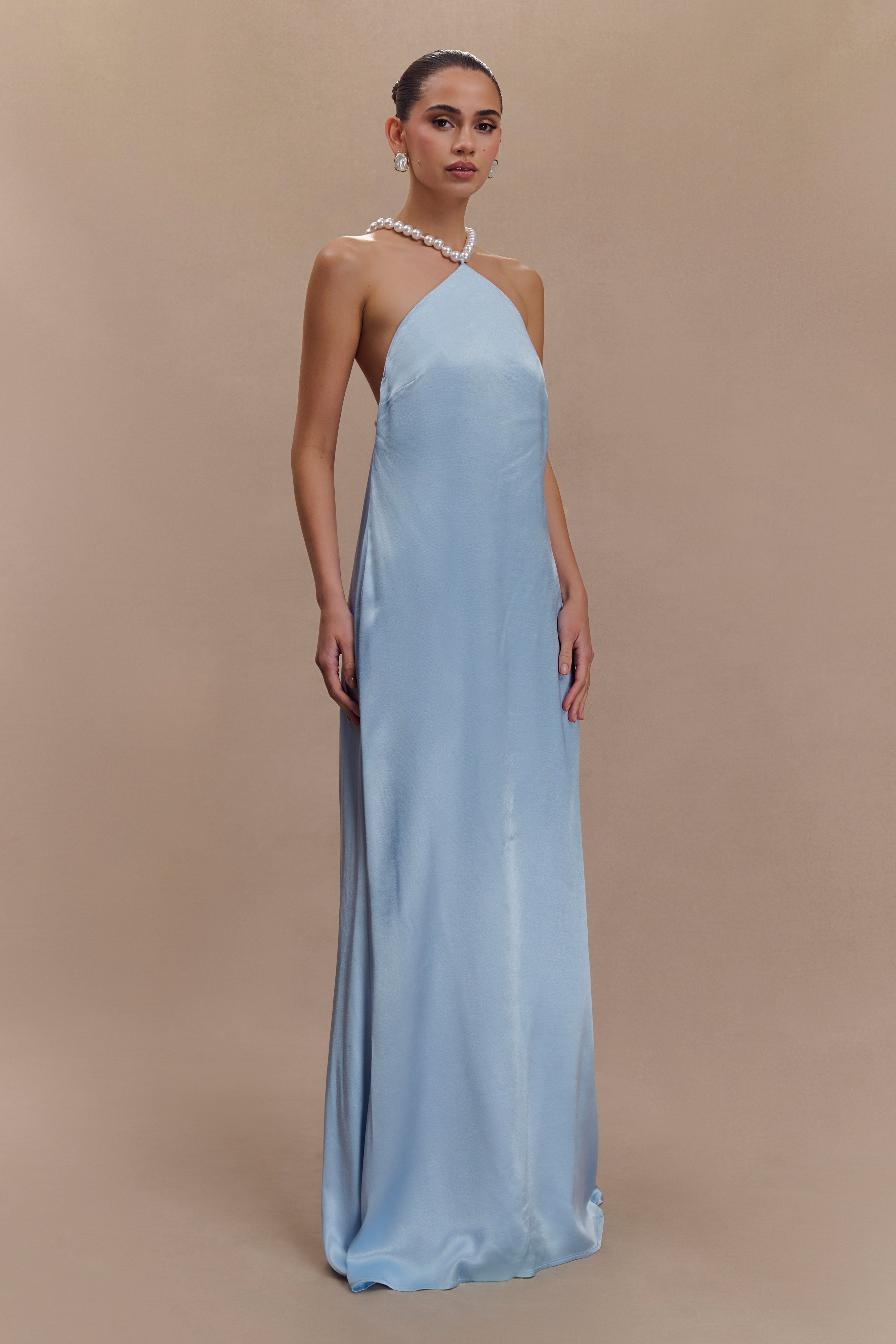 Blanche Satin Pearl Halter Maxi Dress - Cornflower Blue、mySite、solidvoid