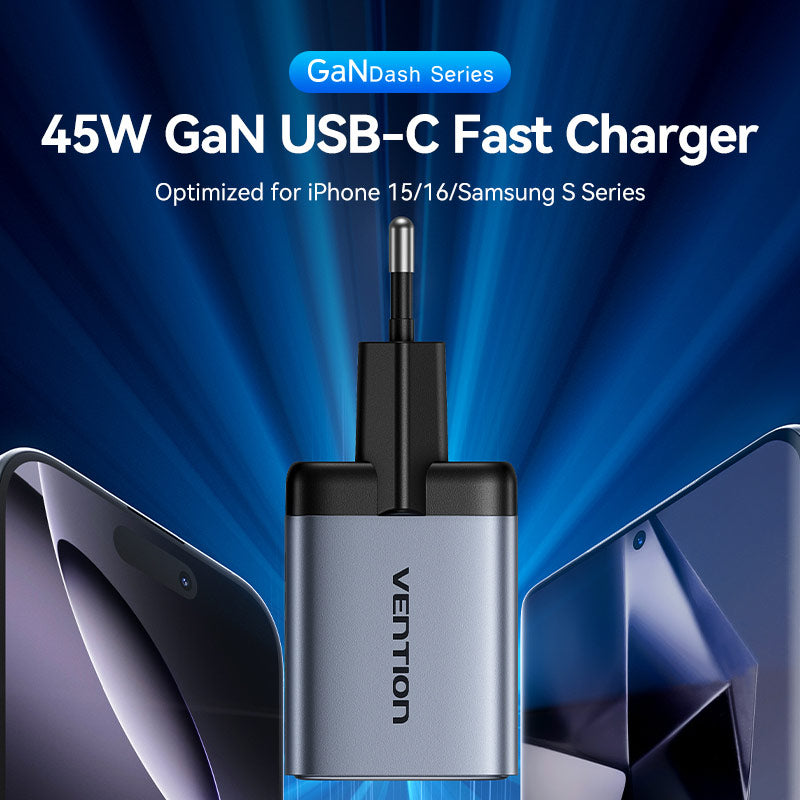 Vention 2-Port USB (C + C) GaN Charger (45W/45W) EU-Plug Gray、mySite、fannypackpong