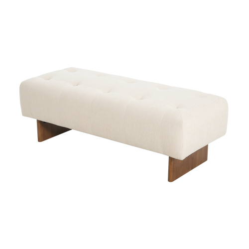  Rectangular Upholstered Tufted Linen Fabric Ottoman Bench, Solid Wood Legs, Beige、、yumabirdnaturehistoryfestival