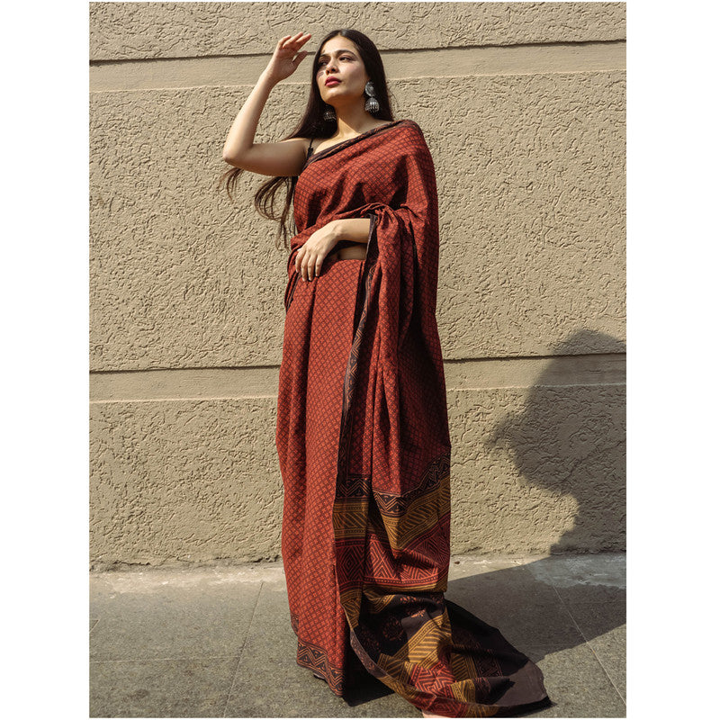 Festive Wear | Chanderi Handblock Printed Saree | Maroon、mySite、camillekostekn