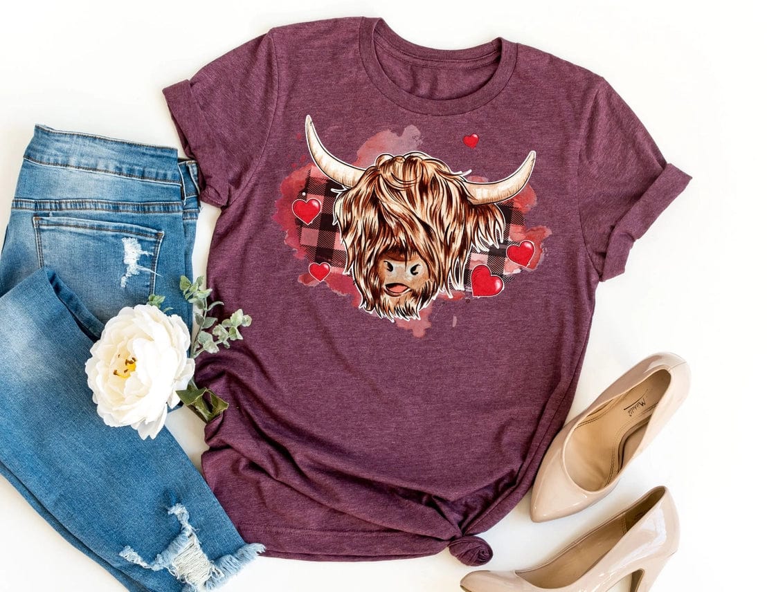 Highland Cow with Hearts and Checks Tshirt Cow Lovers、mySite、g9winljtr