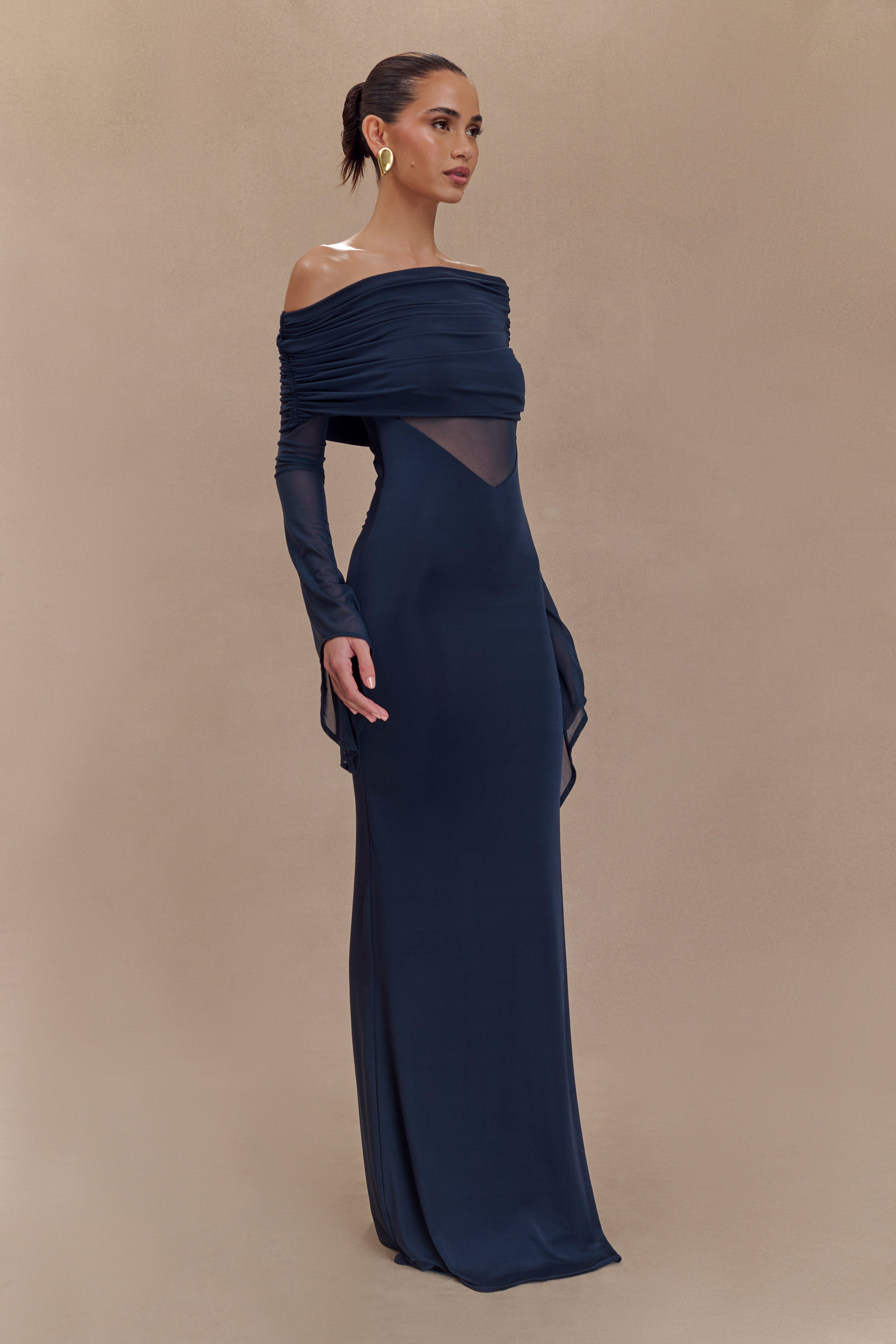 Kaitlin One Shoulder Slinky And Mesh Maxi Dress - Midnight Blue、mySite、solidvoid