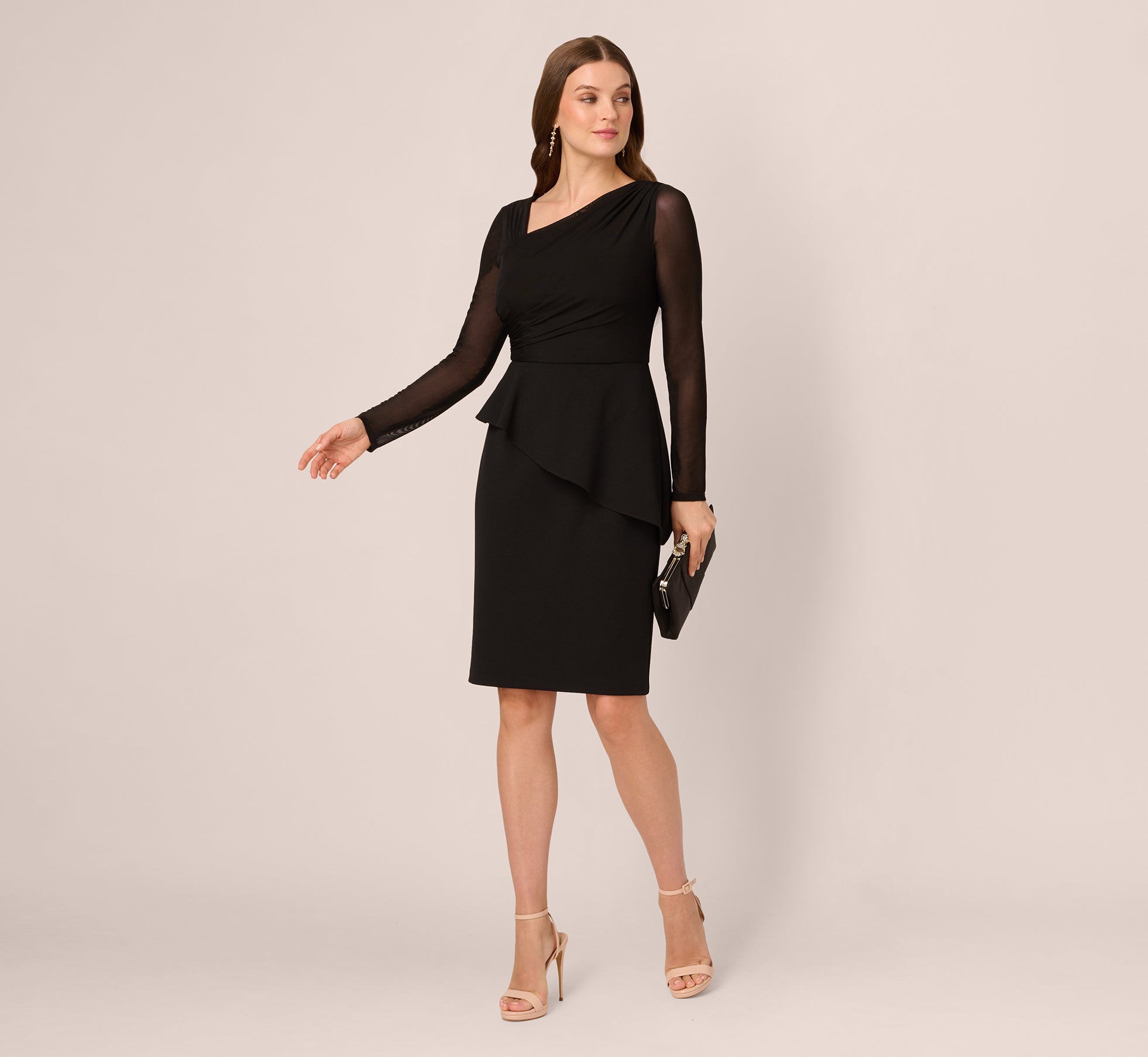 Long Sleeve Asymmetrical Peplum Sheath Dress In Black、mySite、solidvoid