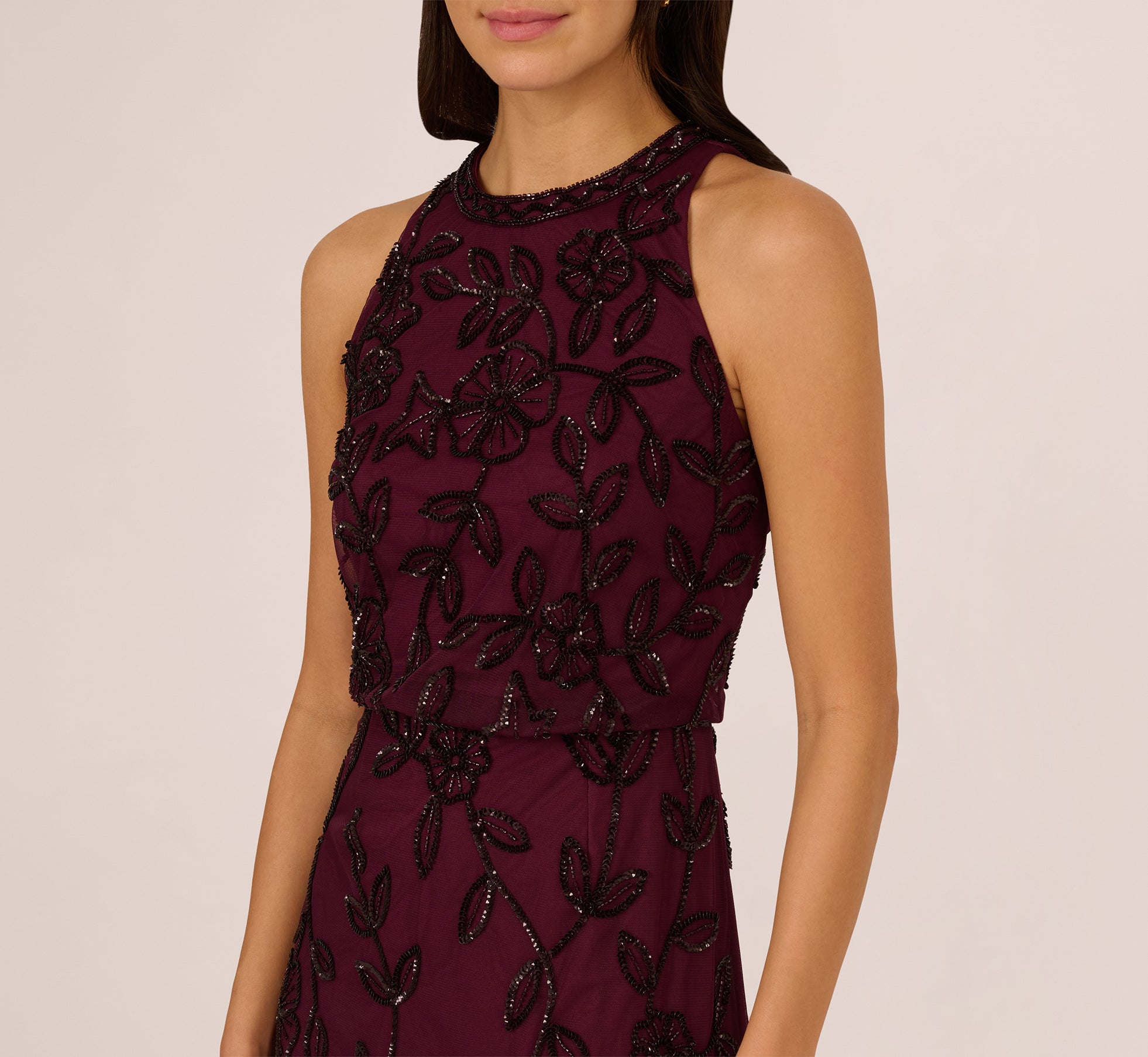 Sleeveless Blouson Mermaid Gown With Jasmine Beading In Cassis、mySite、solidvoid