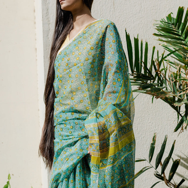 Festive Wear | Kota Doria Sanganeri Print Saree | Green、mySite、camillekostekn