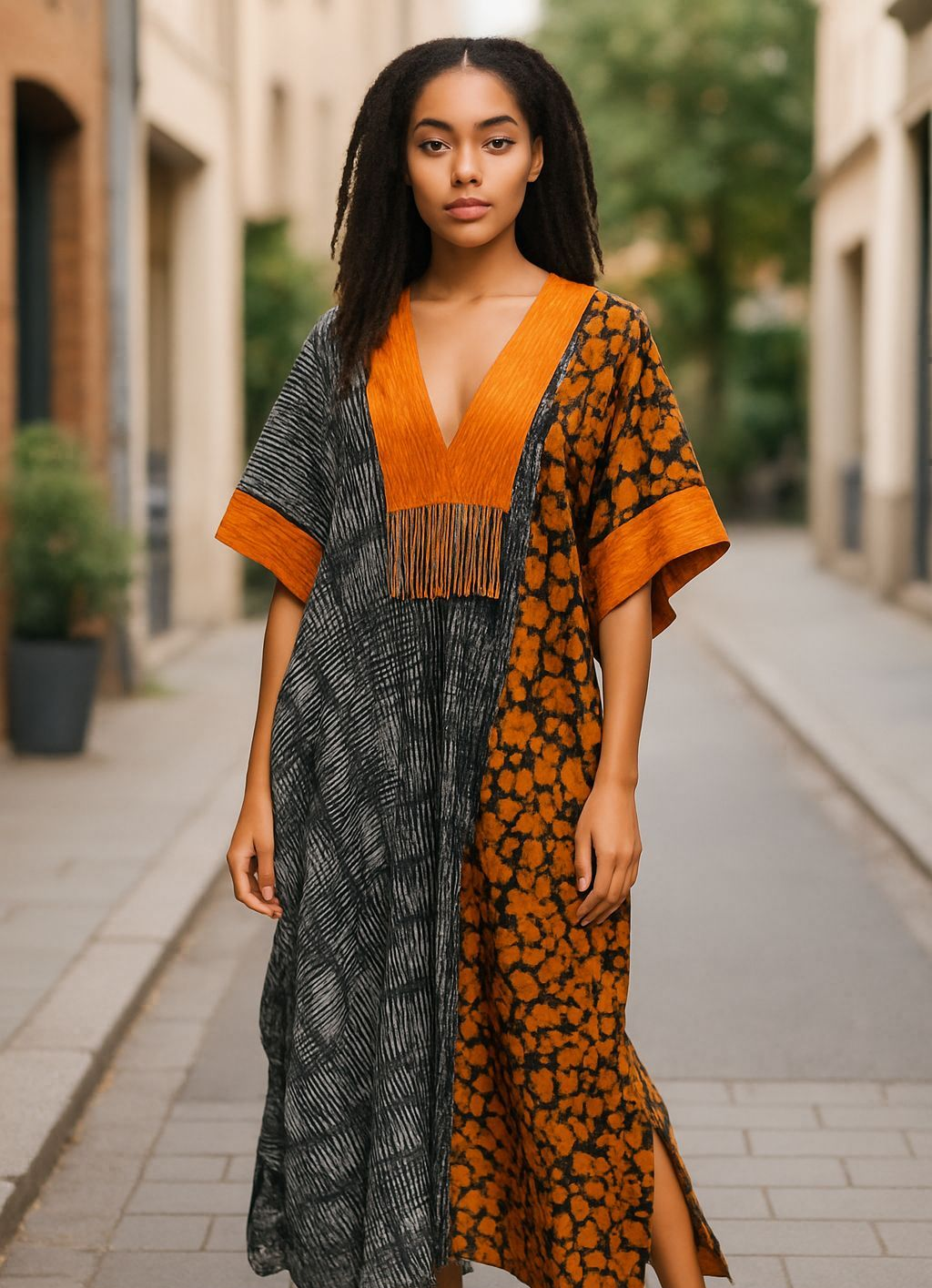 Dupsie's Anika Handcrafted African Print Batik Dress with Orange Beads DPOBWBD4、mySite、solidvoid