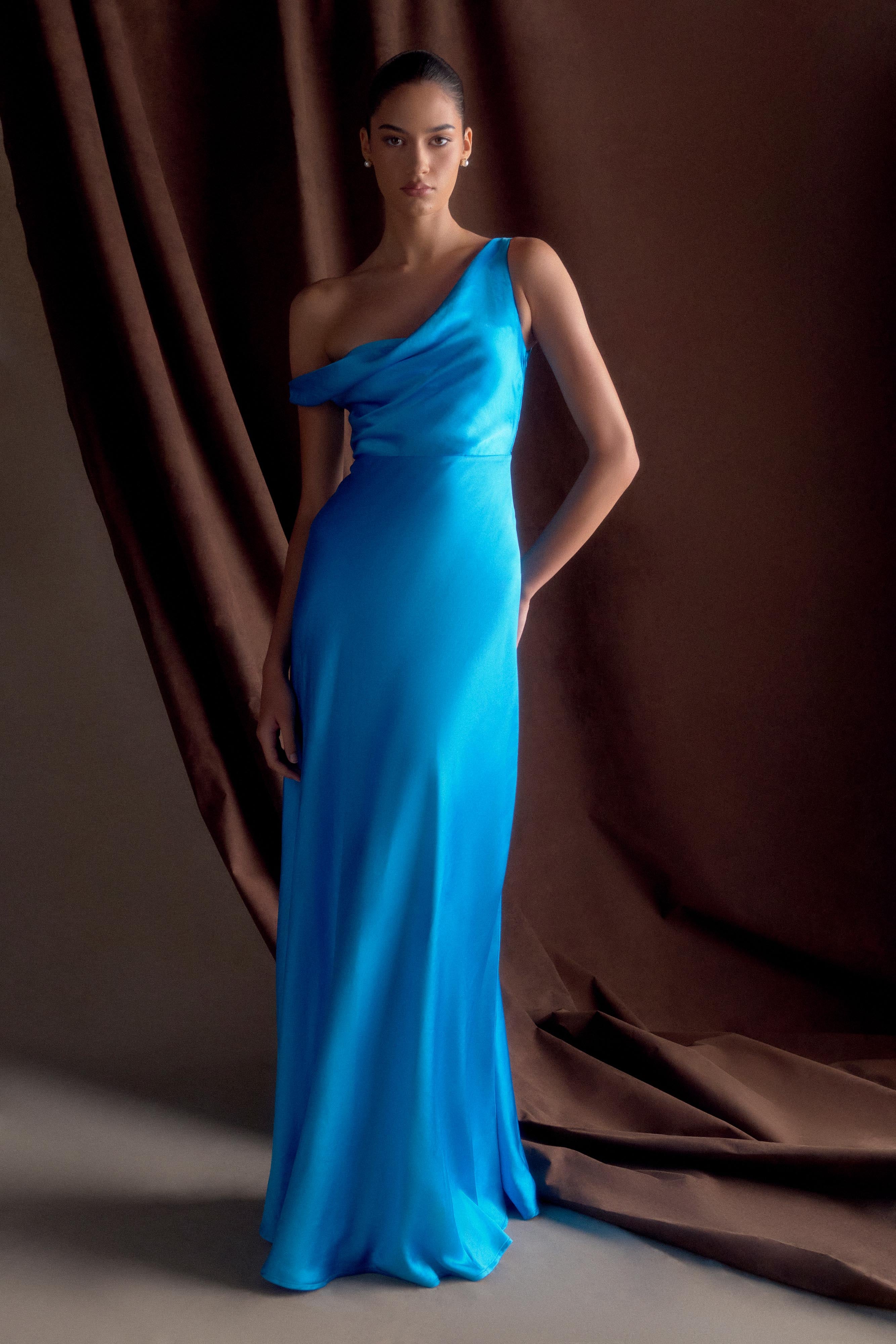 Jacinta One Shoulder Maxi Dress - Cyan Blue、mySite、solidvoid