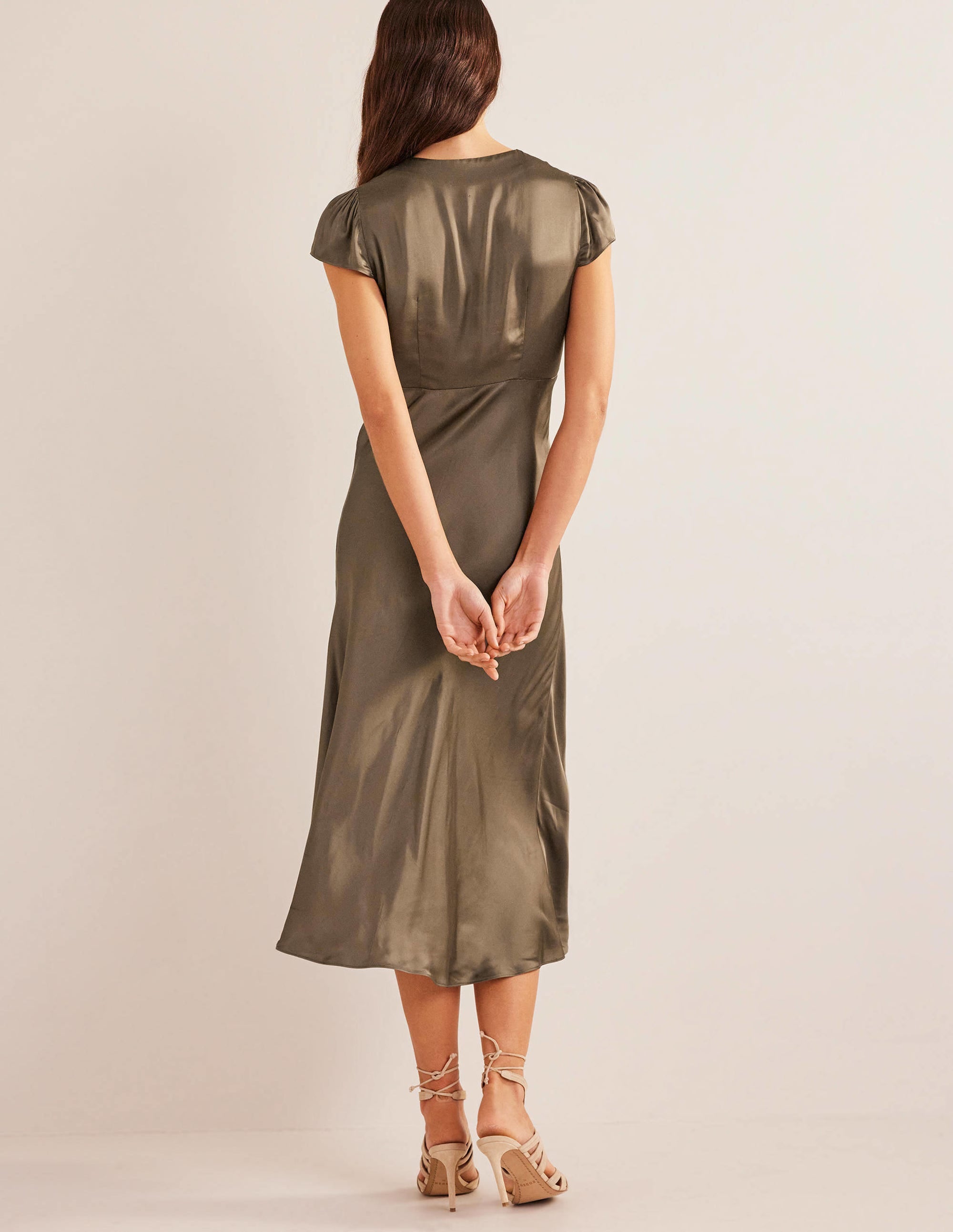  Satin Empire Midi Tea Dress-Khaki、mySite、ashleygrahame