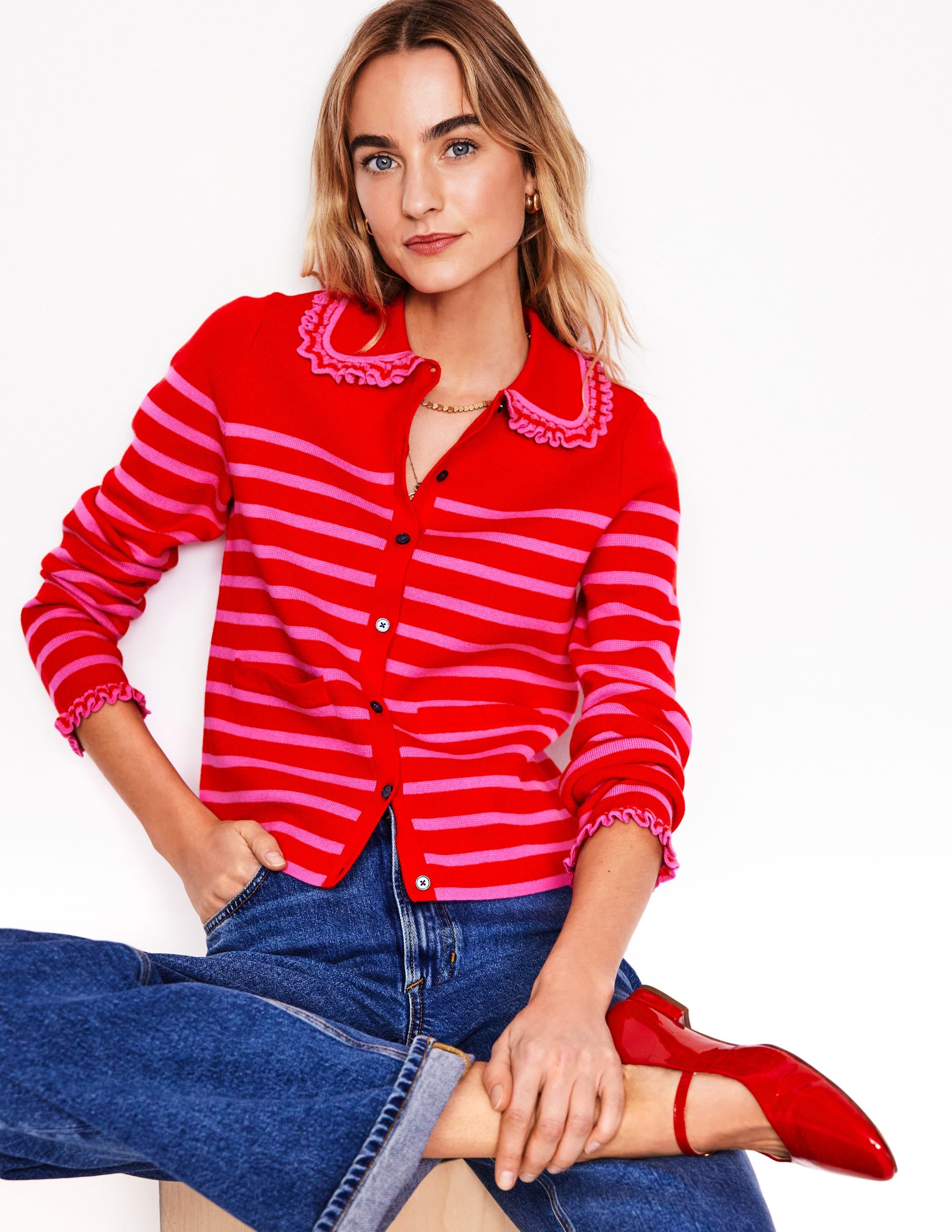  Jessie Frill Collared Cardigan-Poppy Red, Sorbet Pink Stripe、mySite、ashleygrahame