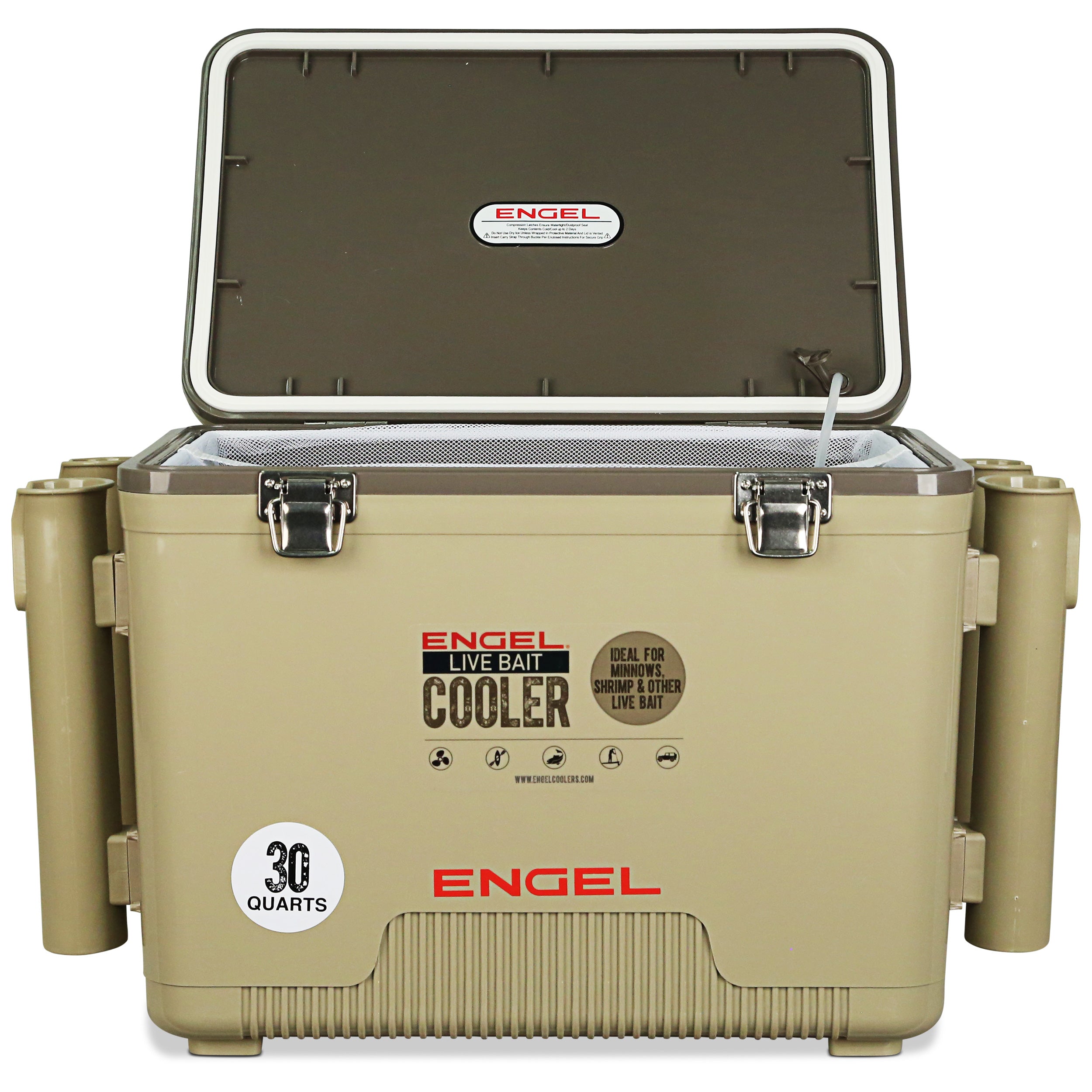 Engel 30Qt Live bait Pro Cooler with AP4 XL Rechargeable Aerator, Rod Holders & Stainless Hardware、mySite、noshort