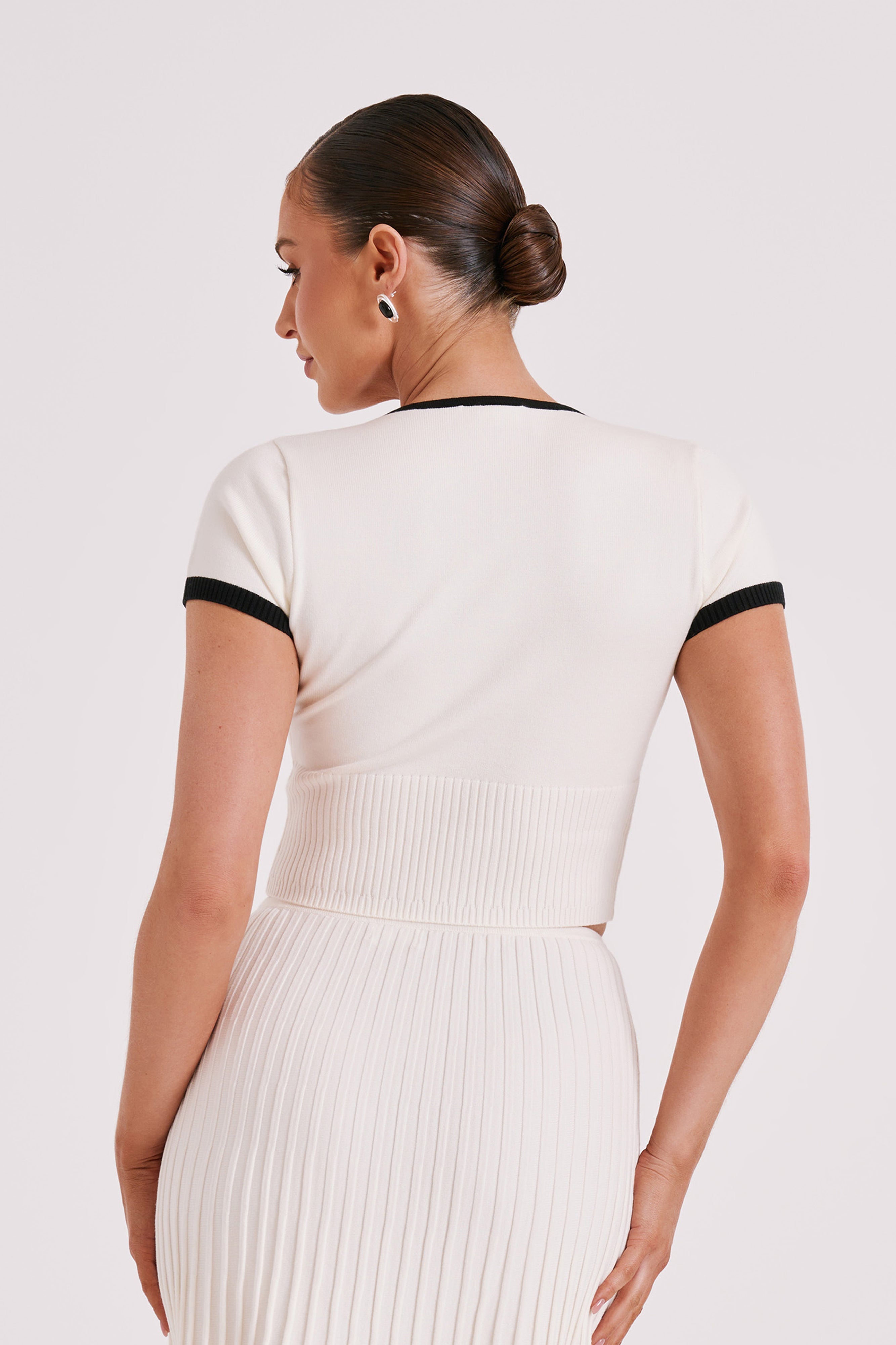 Jolene Contrast Button Up Knit Top - White、mySite、solidvoid