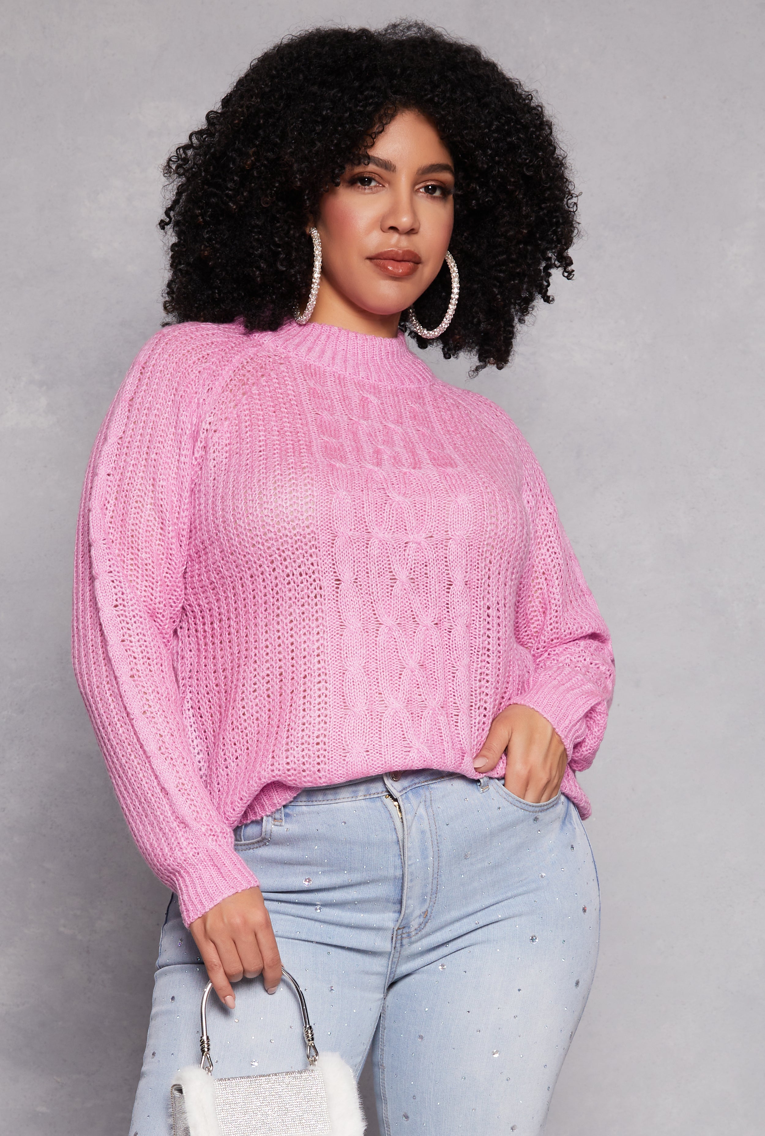 Plus Size Cable Knit Shaker Sweater、mySite、camillekostekn