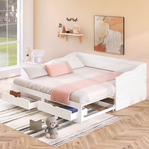 Wooden Daybed with Trundle Bed and Two Storage Drawers , Extendable Bed Daybed,Sofa Bed for Bedroom Living Room,White、、casual