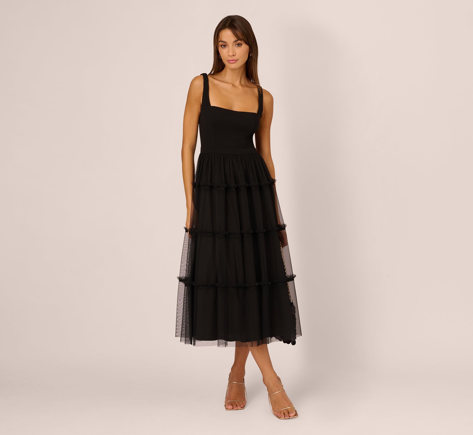 Sleeveless Midi Dress With Square Neck And Tiered Skirt In Black、mySite、solidvoid