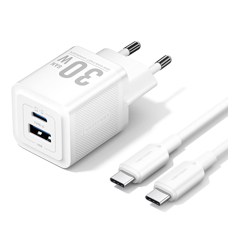Vention 2-Port USB (C+A) GaN Charger (30W/30W) with USB-C to USB-C Cable (1M) EU-Plug、mySite、fannypackpong